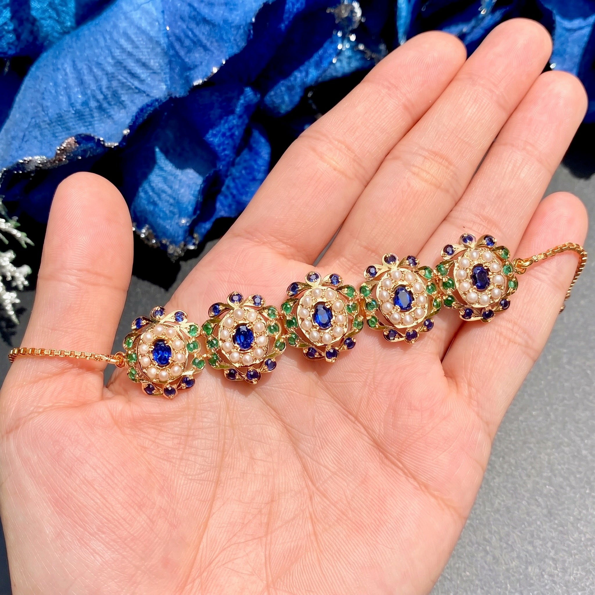 Silver Bracelet For Women & Girls | Jadau Wristlet with Blue Green Stones BG 131