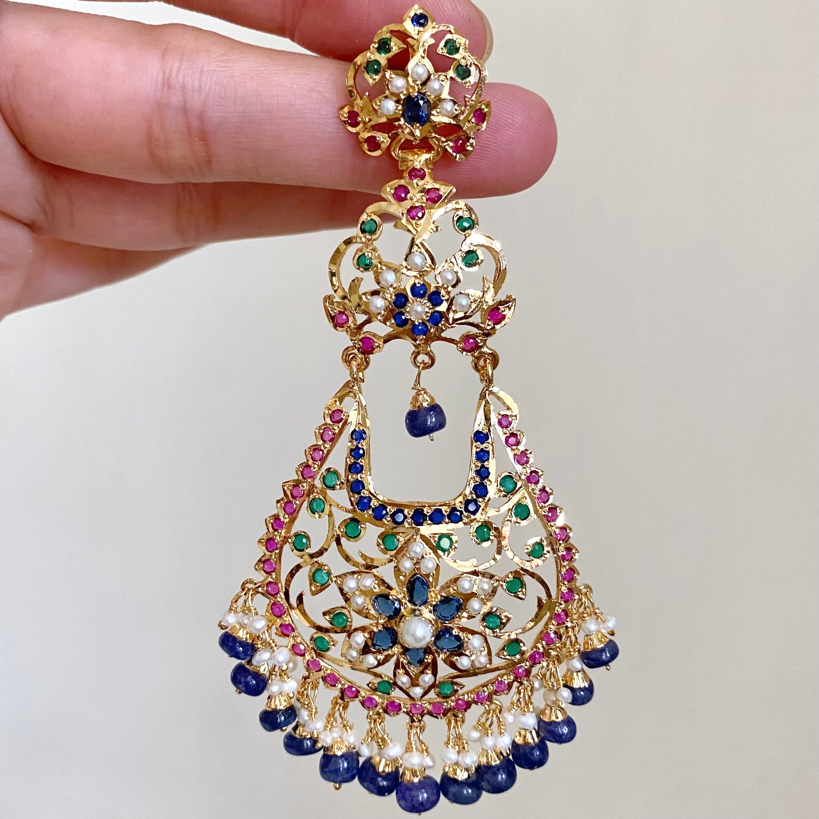 Long Chandbali Earrings | Handcrafted Indian Jewellery | Blue Sapphire Earrings ER 450E