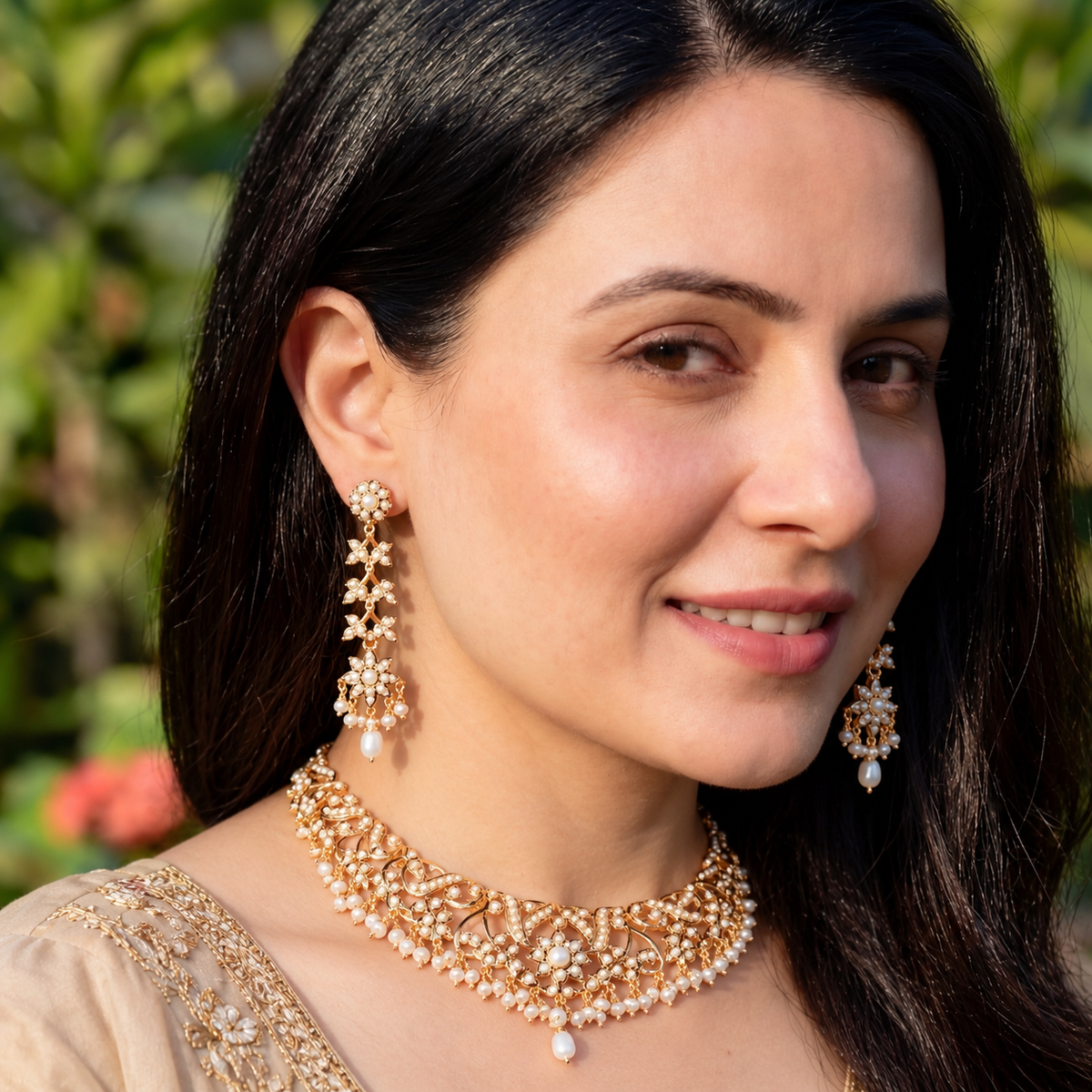 Pearl Drop Jadau-Style Necklace Set | Freshwater Pearls & 925 Silver with Gold Plating NS 481