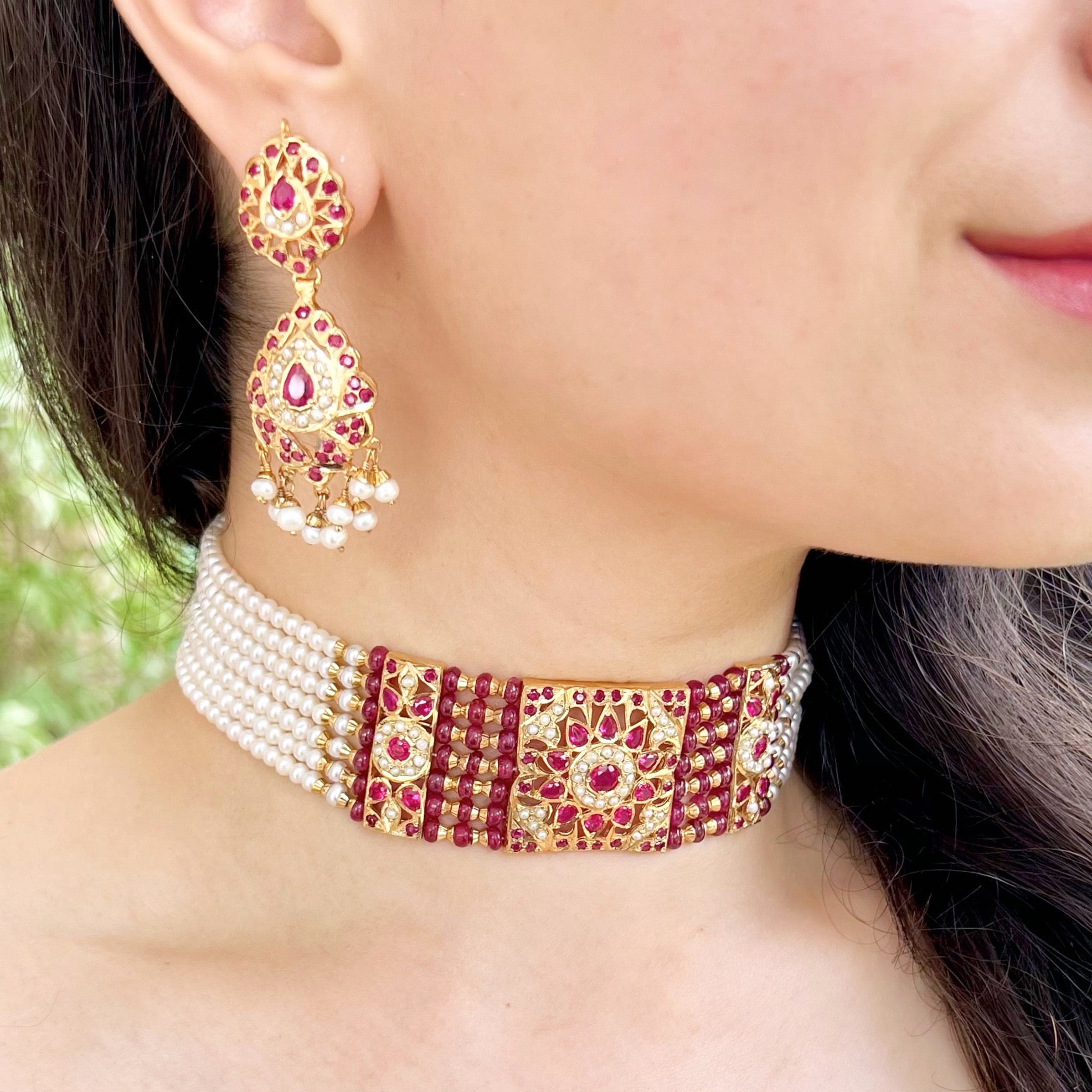 Ruby Pearl Jadau Choker Necklace Set in Gold Plated Silver NS 006