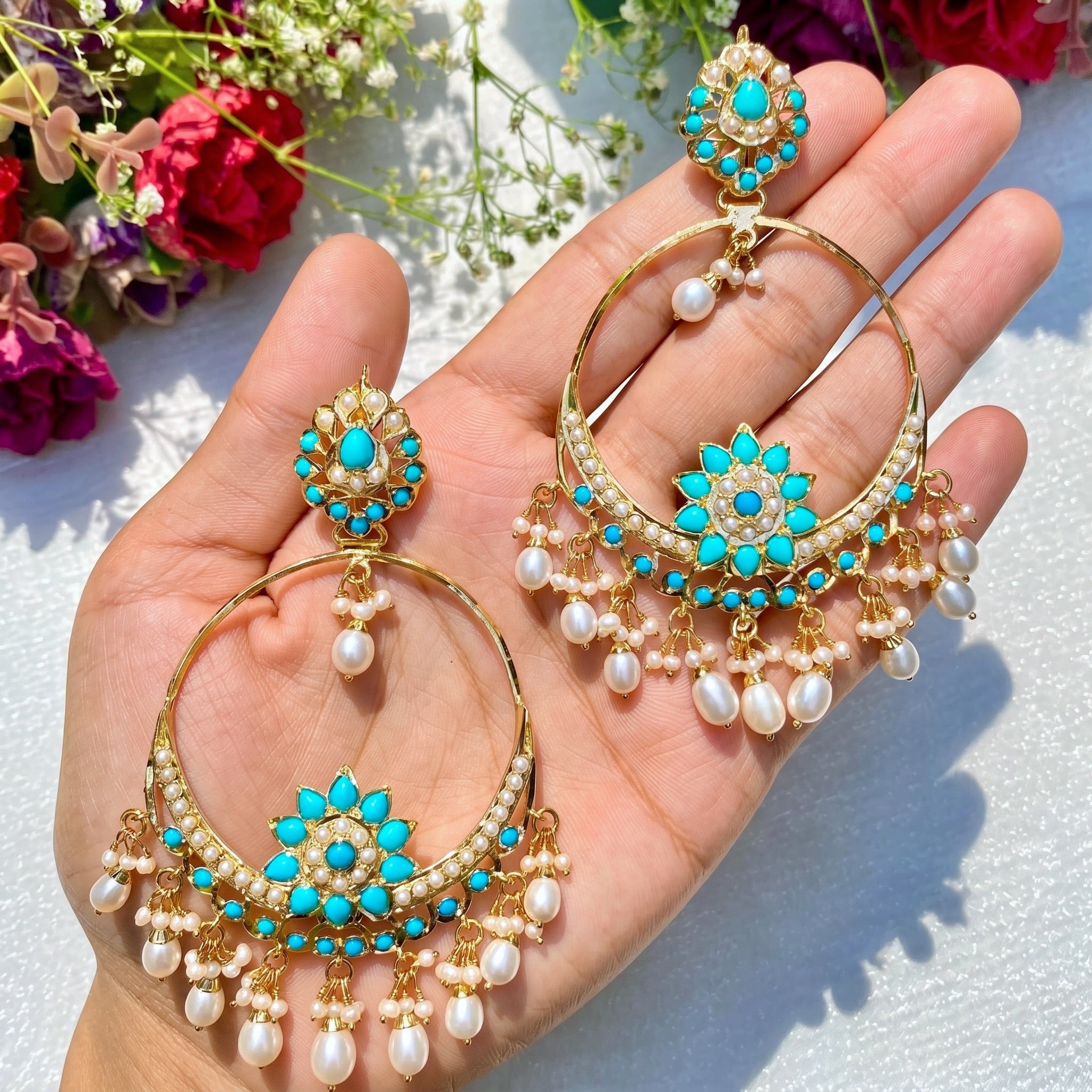traditonal pakistani  chandbala earrings with turquoise and pearls