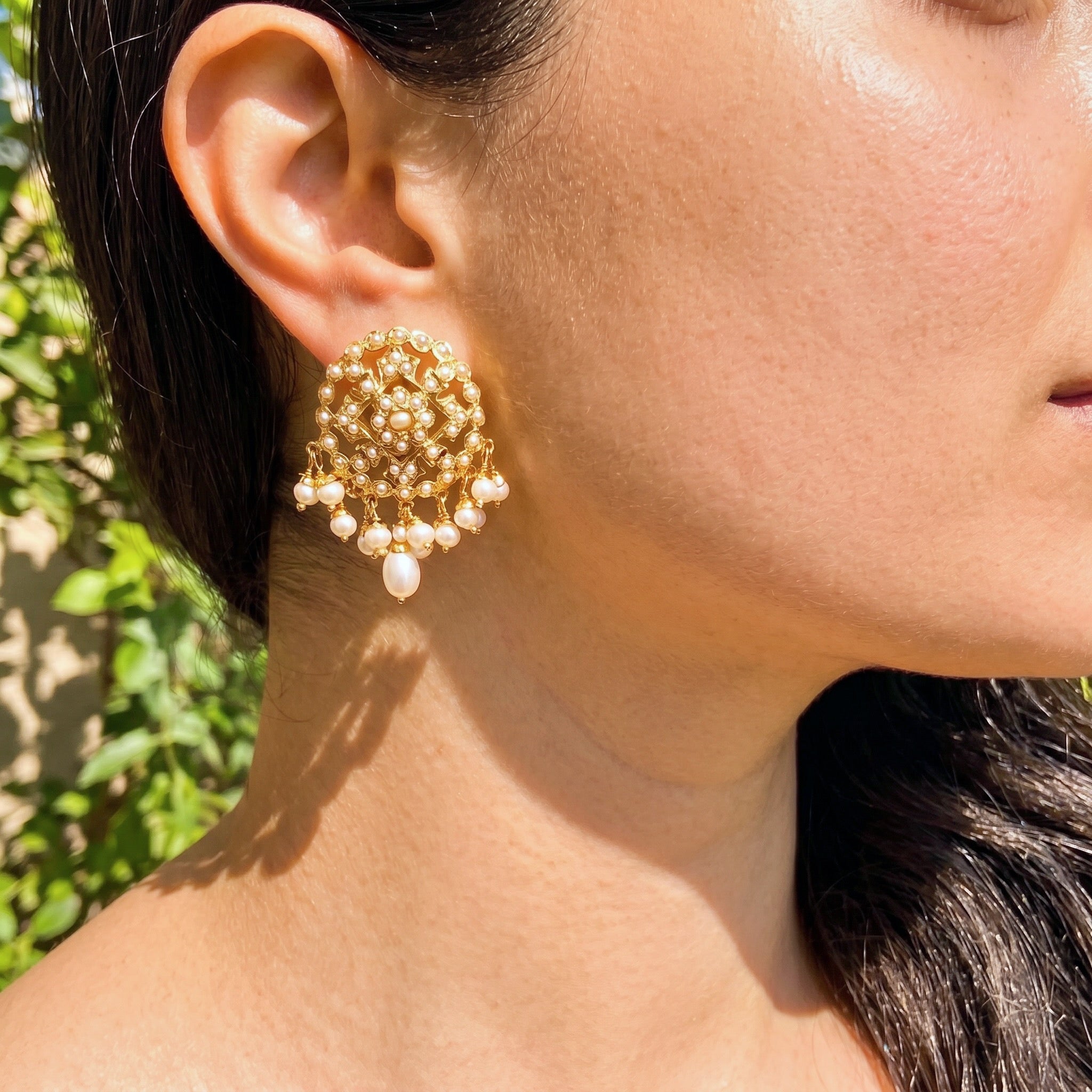 Jadau Pearl Studs in Gold Plated Silver ER 246