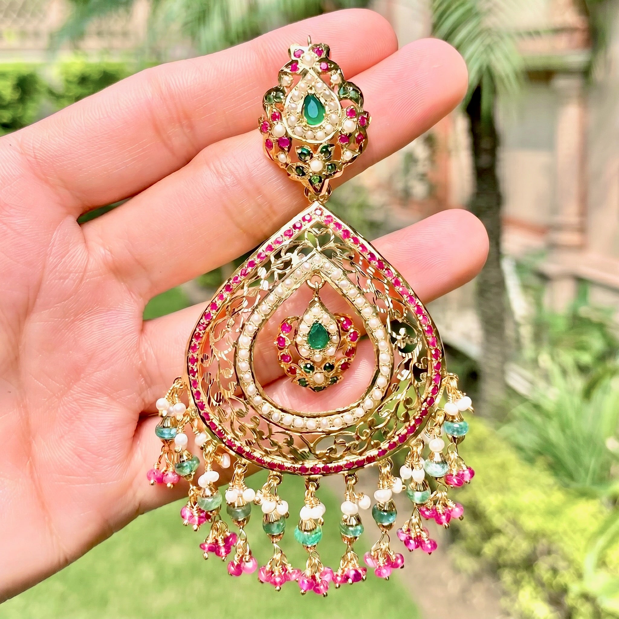 large Drop Shaped Oversized Chandbali Earrings | 925 Sterling Silver Gold Plated