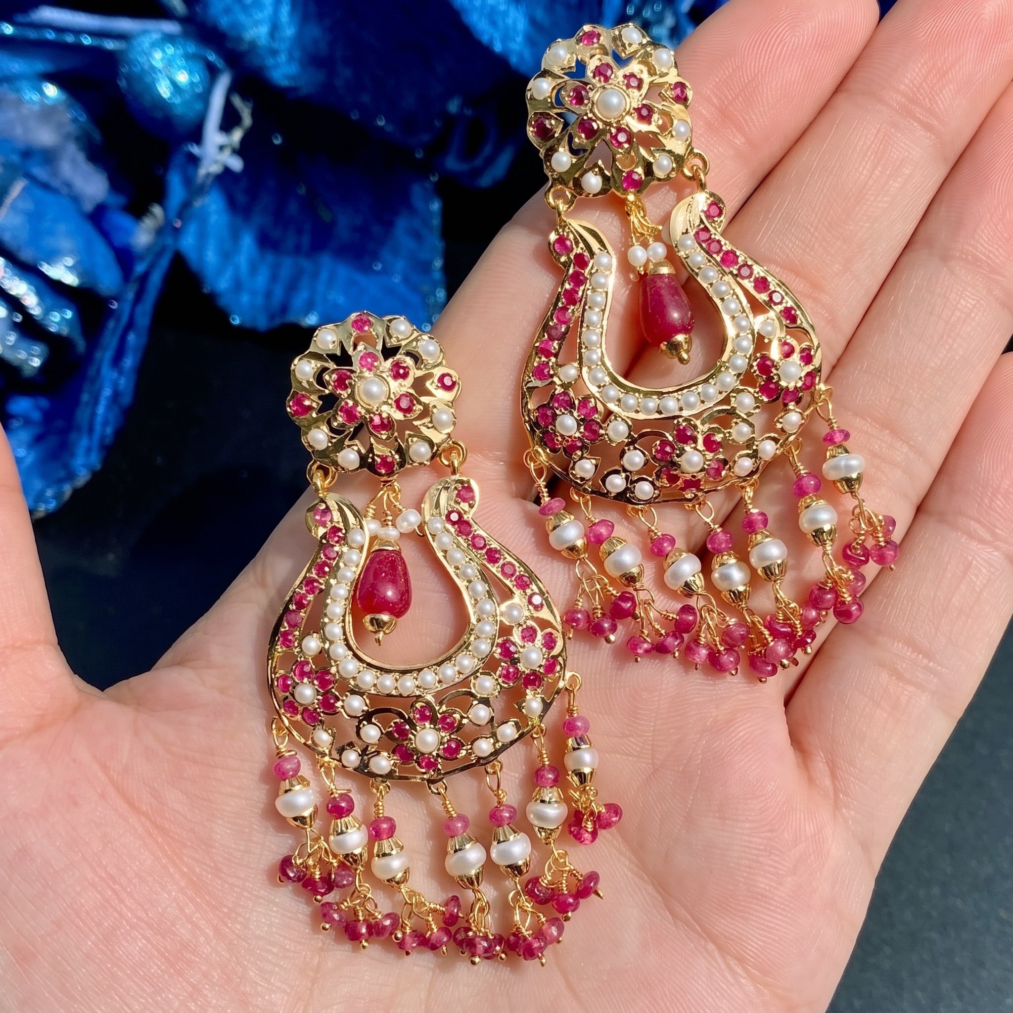 Intricate Jadau Earrings | Ruby Pearl Combination | 925 Silver Base ER 654