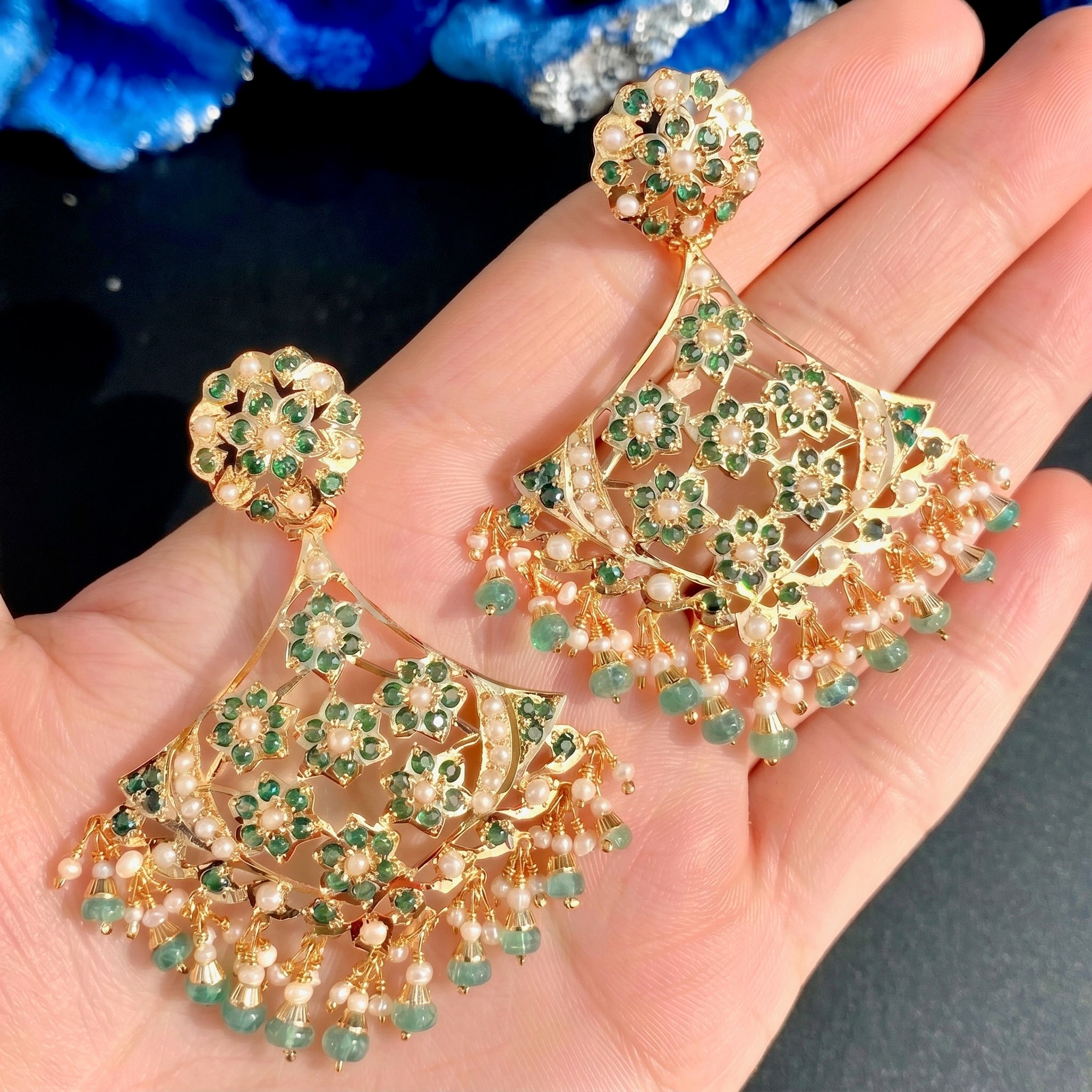 Anchor Shaped Jadau Earrings | Gold Plated on Silver | Emerald Earrings ER 658