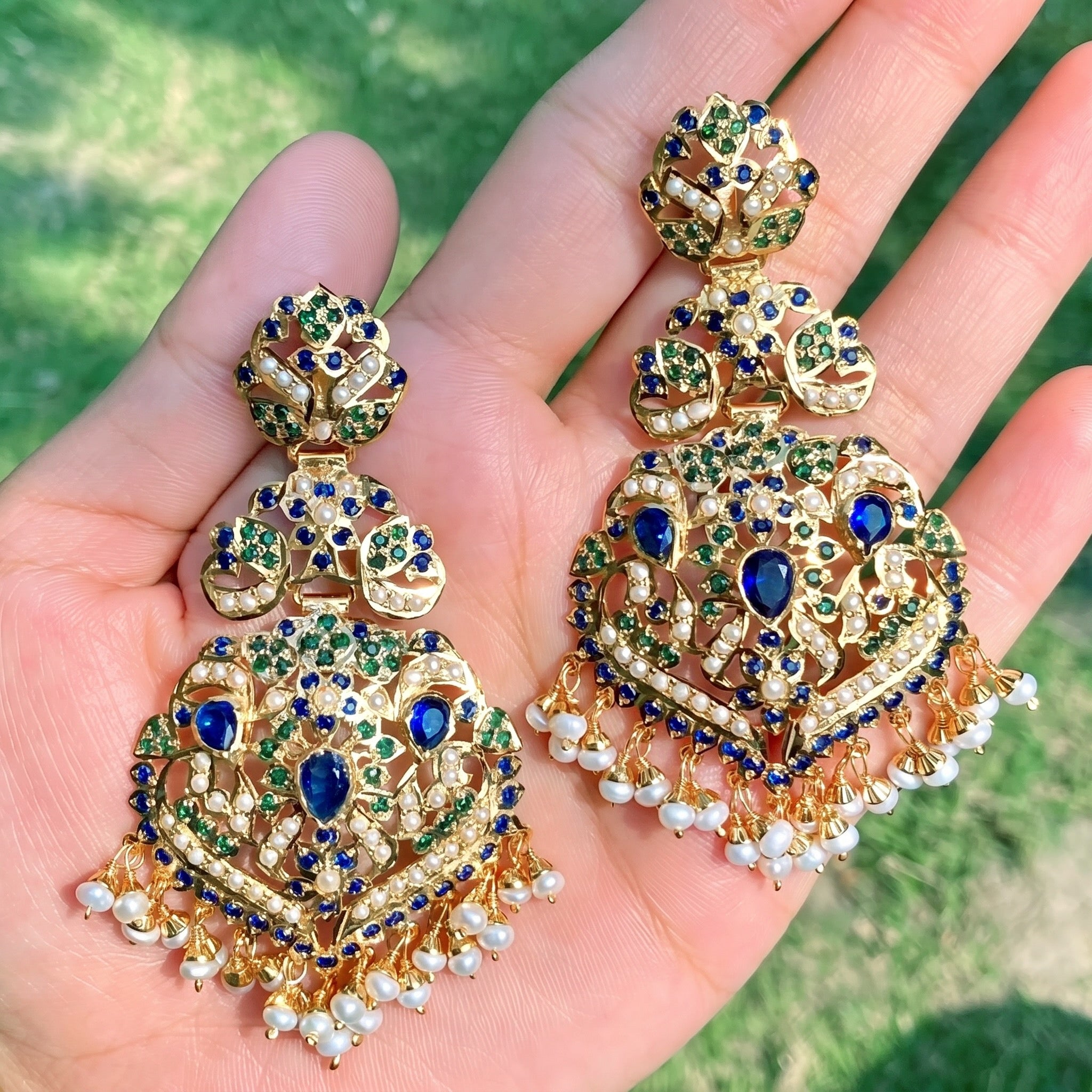 Royal Blue & Emerald Pearl Jadau Statement Earrings | Gold Plated on 925 Silver ER 701