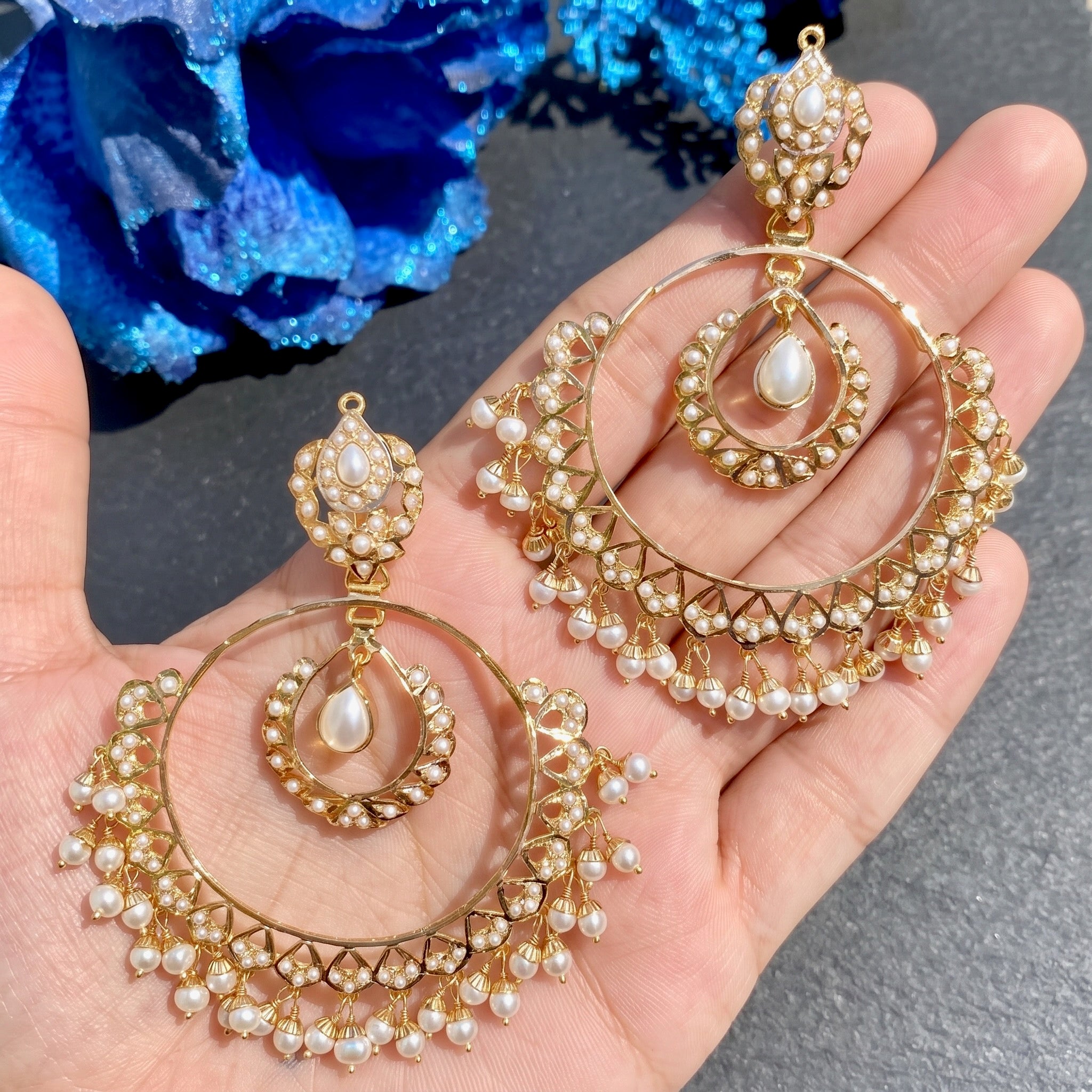 large pearl chandbali earrings in real gold