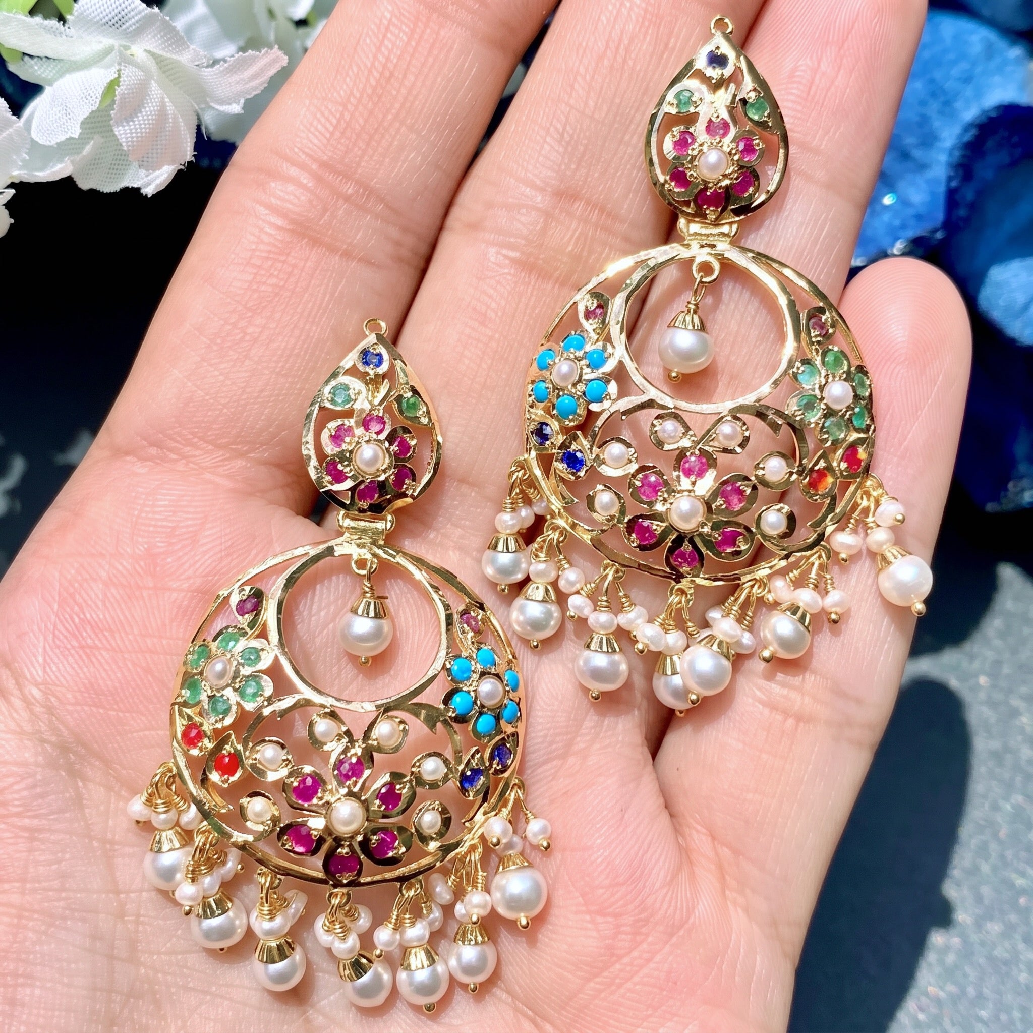 navratna chandbali earrings in gold