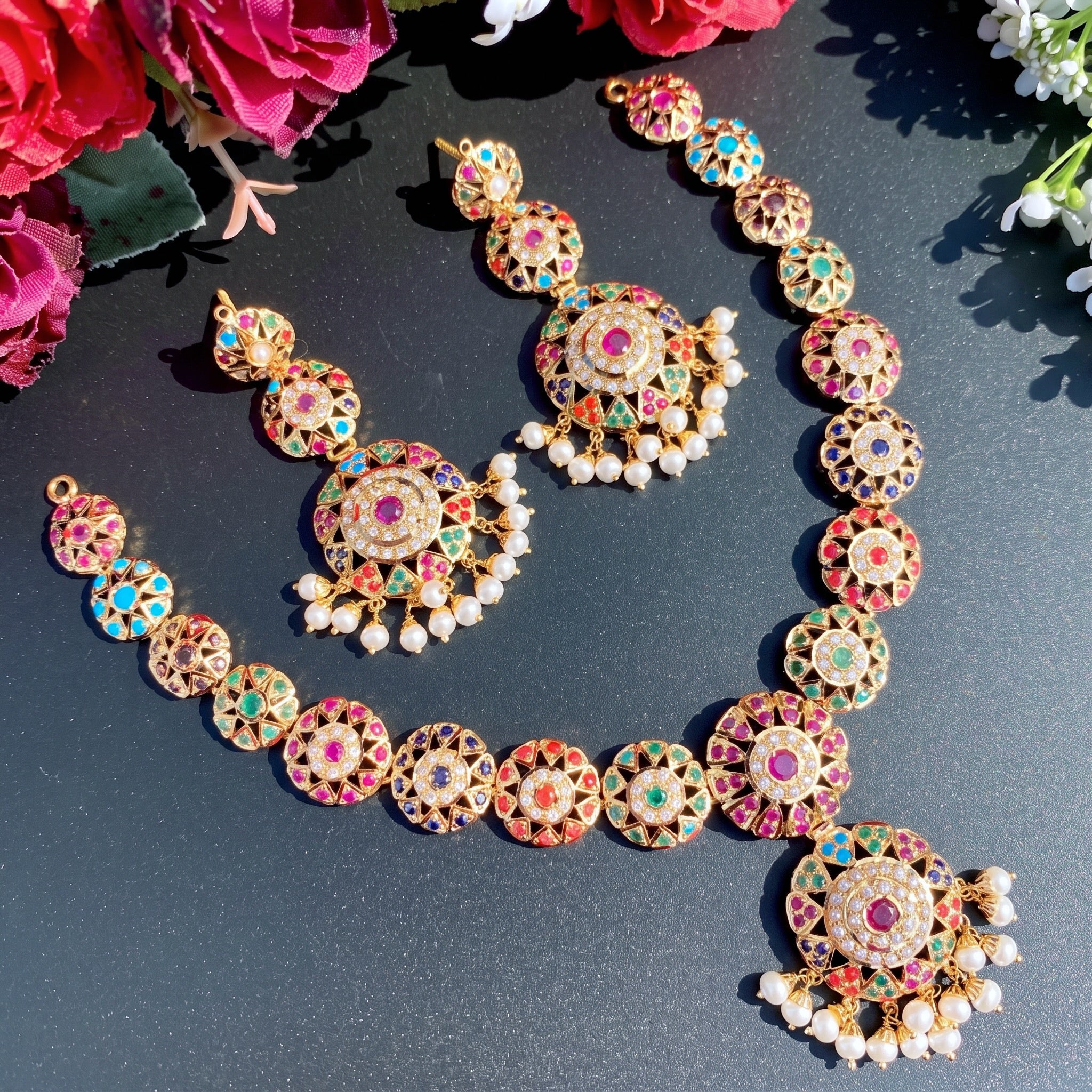 party wear navratna necklace set in 22 carat gold