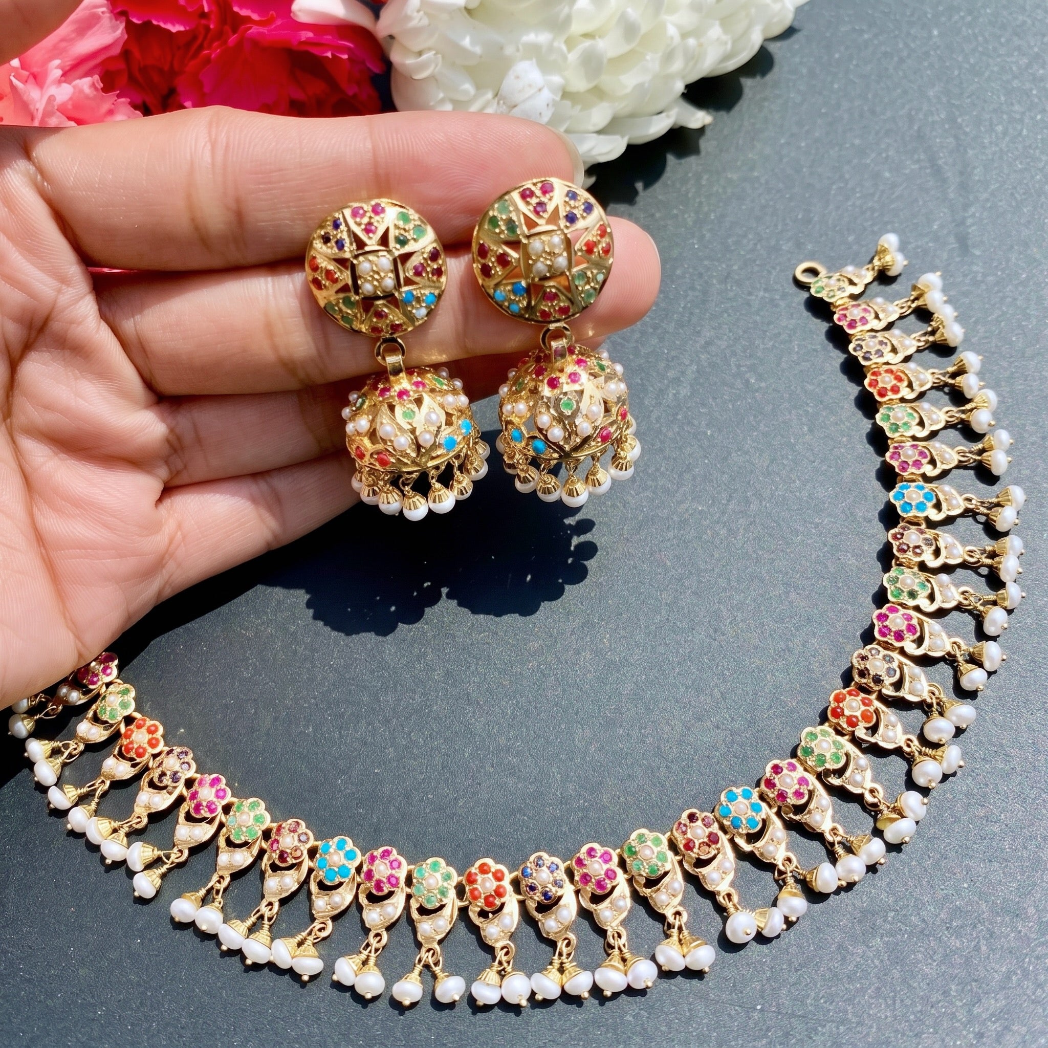 elegant navratna necklace with jhumkas