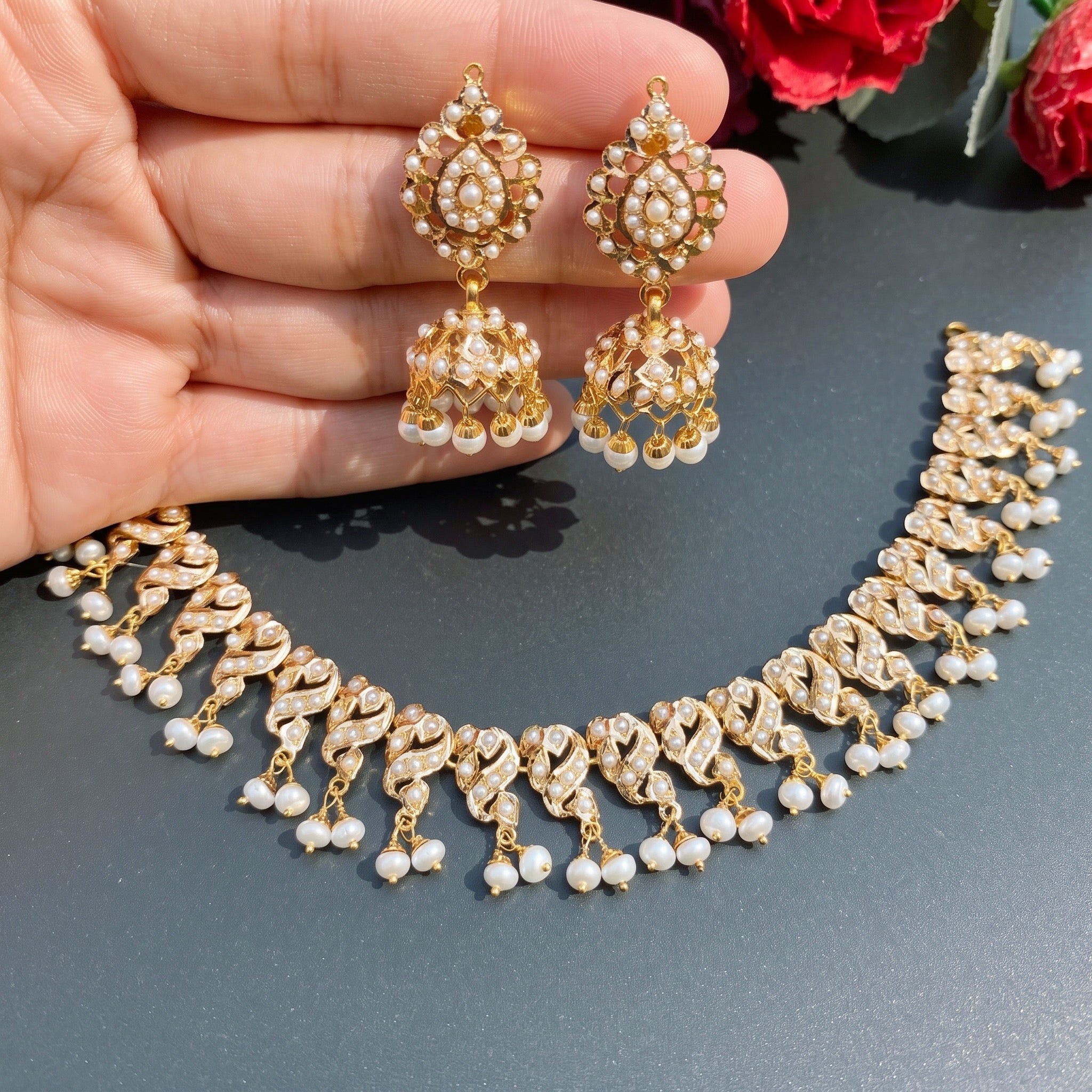 pearl necklace with jhumki gold