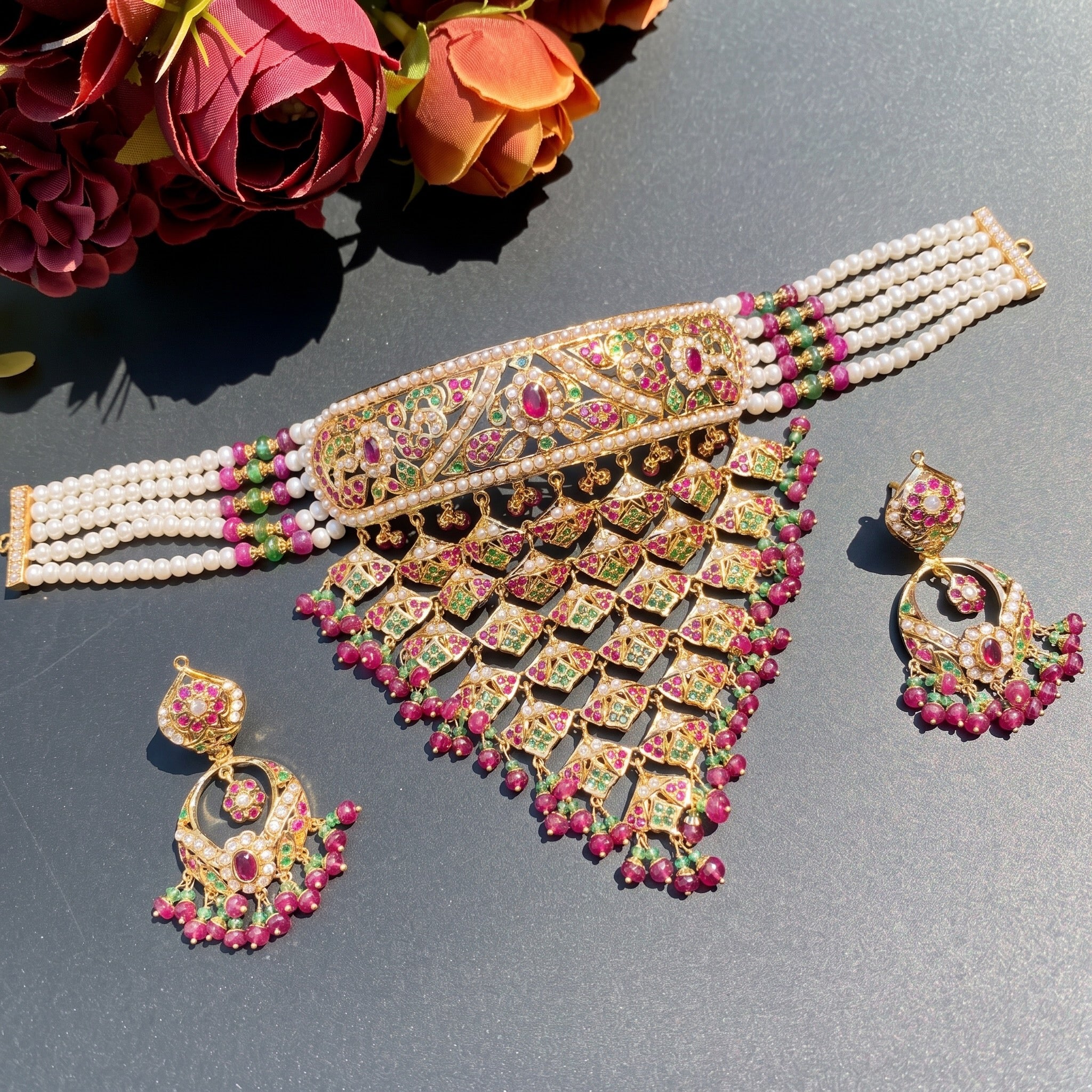 Heavy Look Stone Studded Jadau Choker Necklace Set in 22k Gold GNS 114
