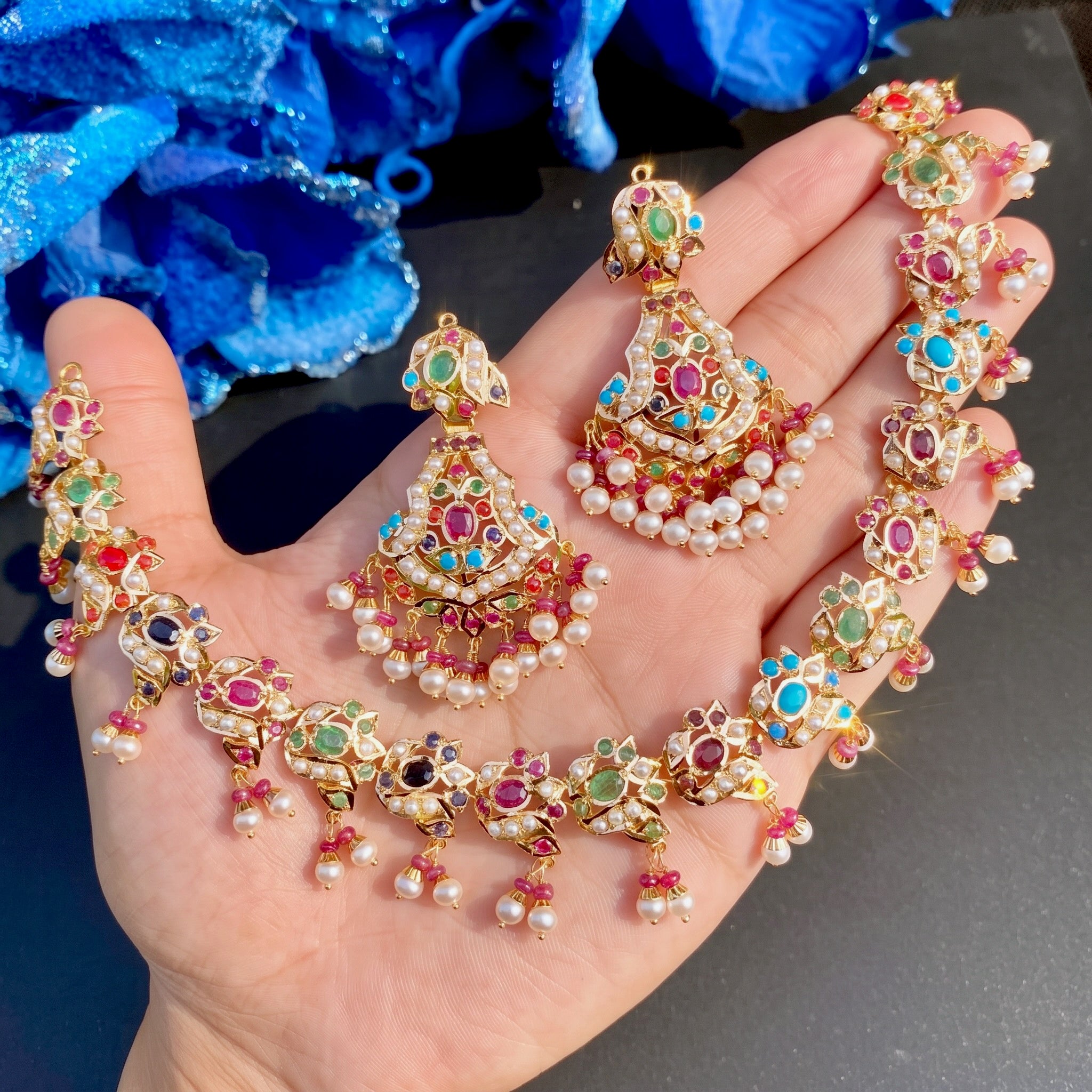 real gold navratna necklace set