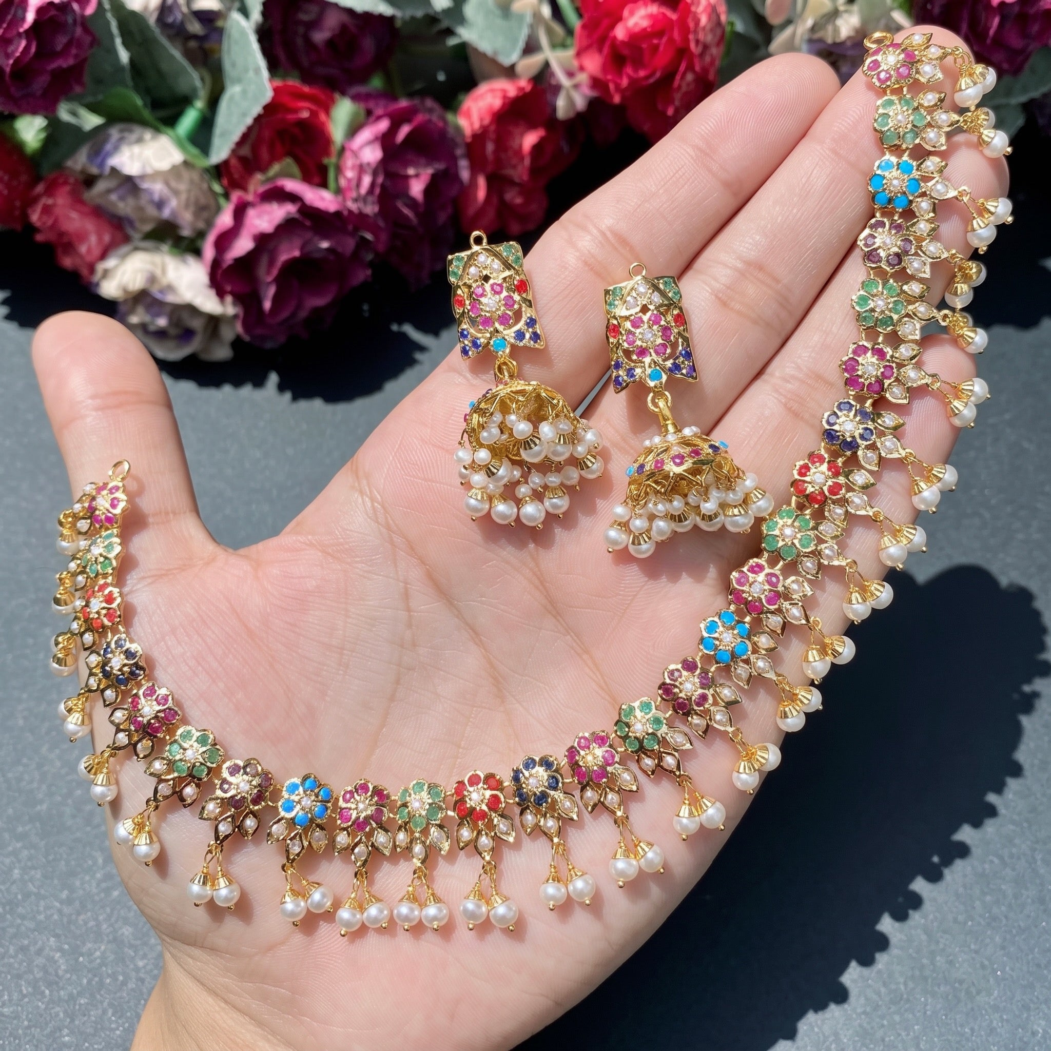simple navrattan necklace with jhumki