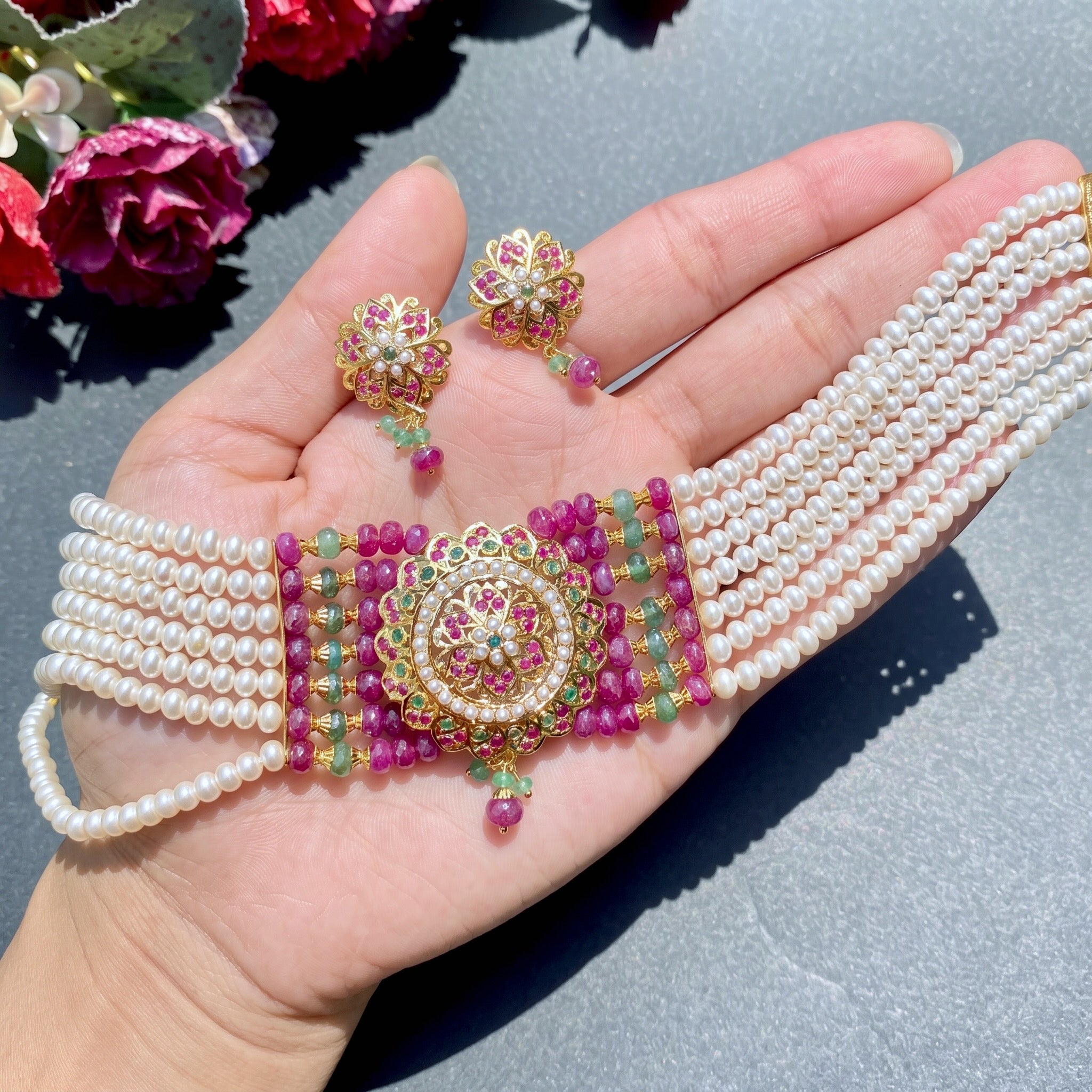 Party Wear Gold choker Set in ruby emerald singapore