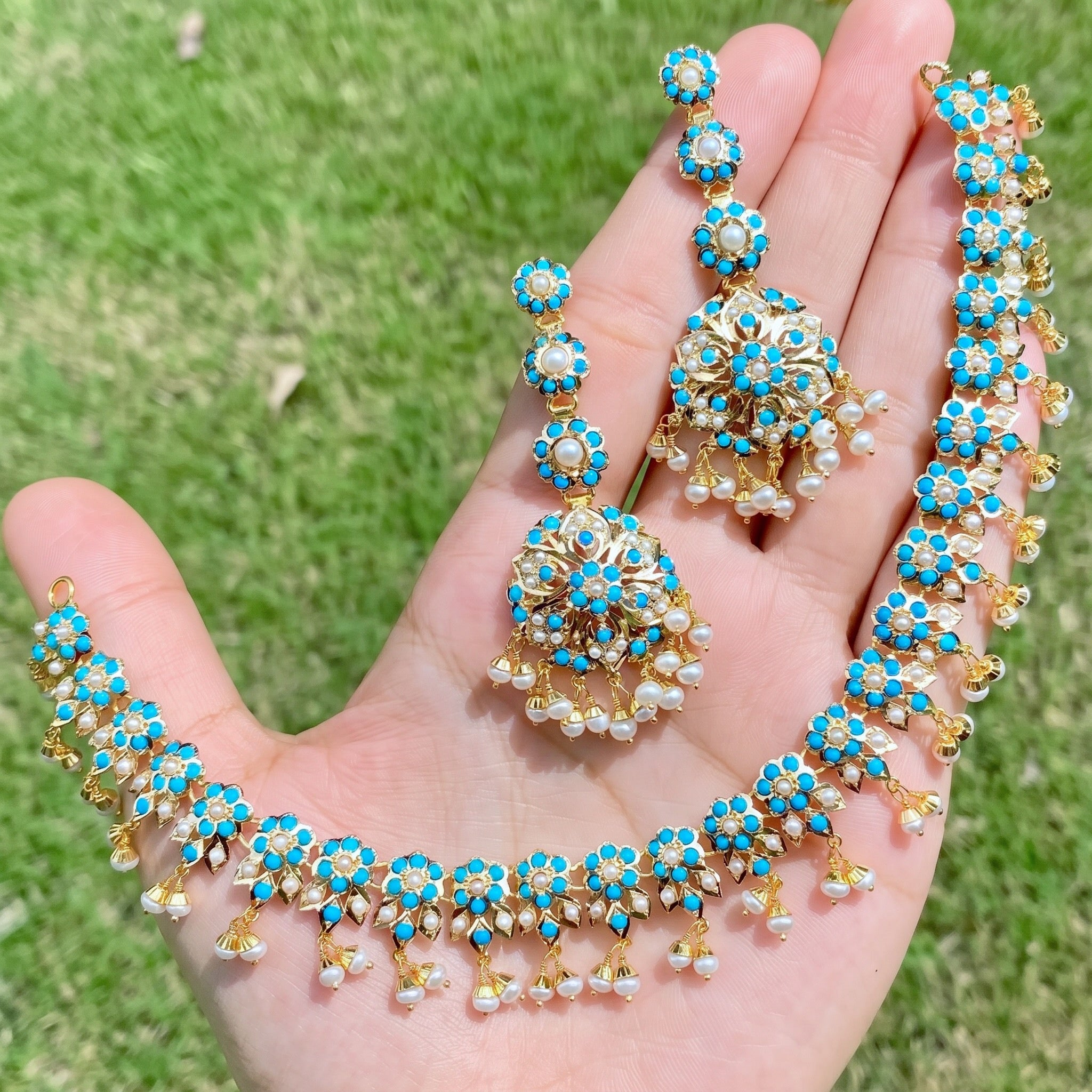 pearl and feroza necklace set in jadau on real gold