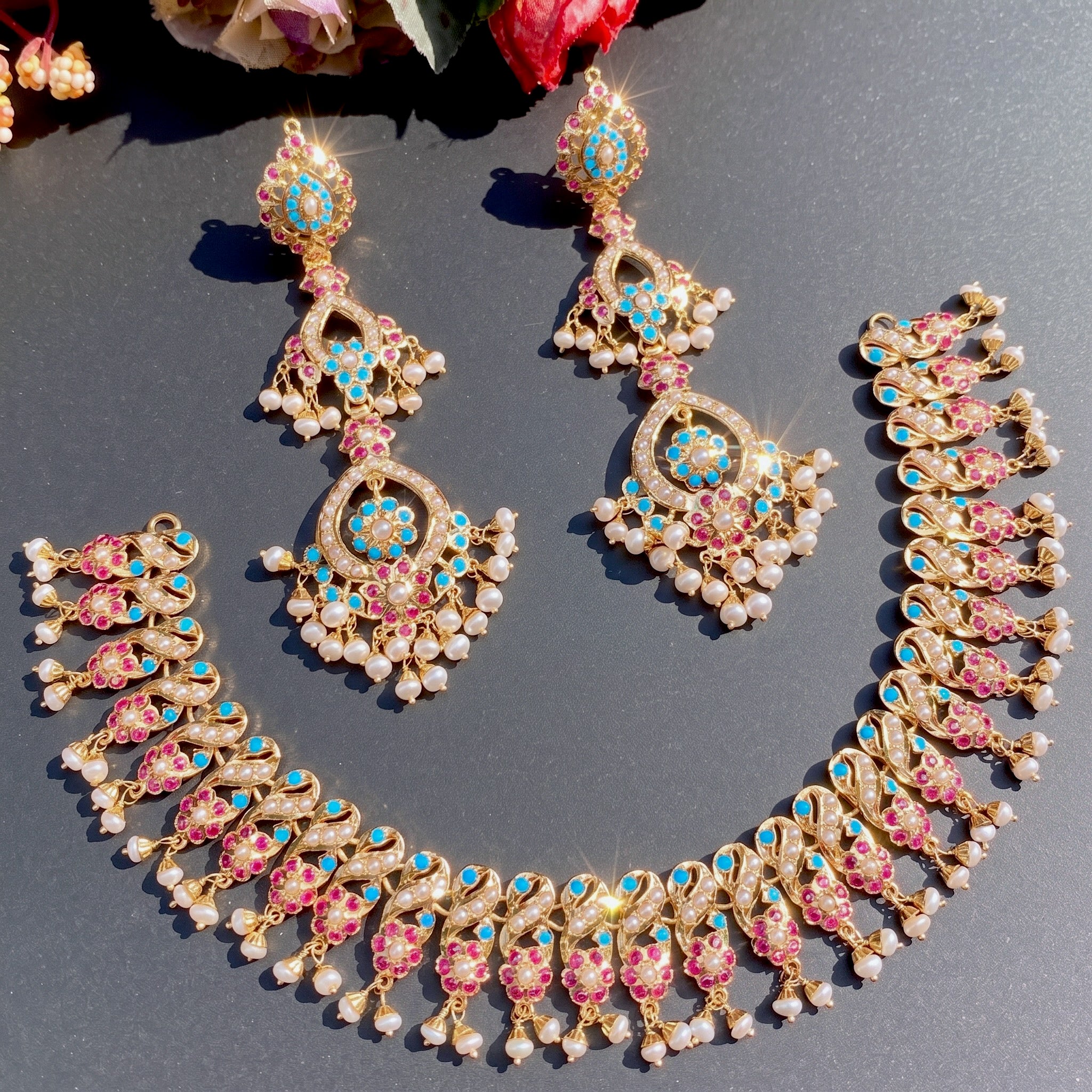 22k rajputi gold necklace set with long three step earrings studded with pearls ruby and feroza