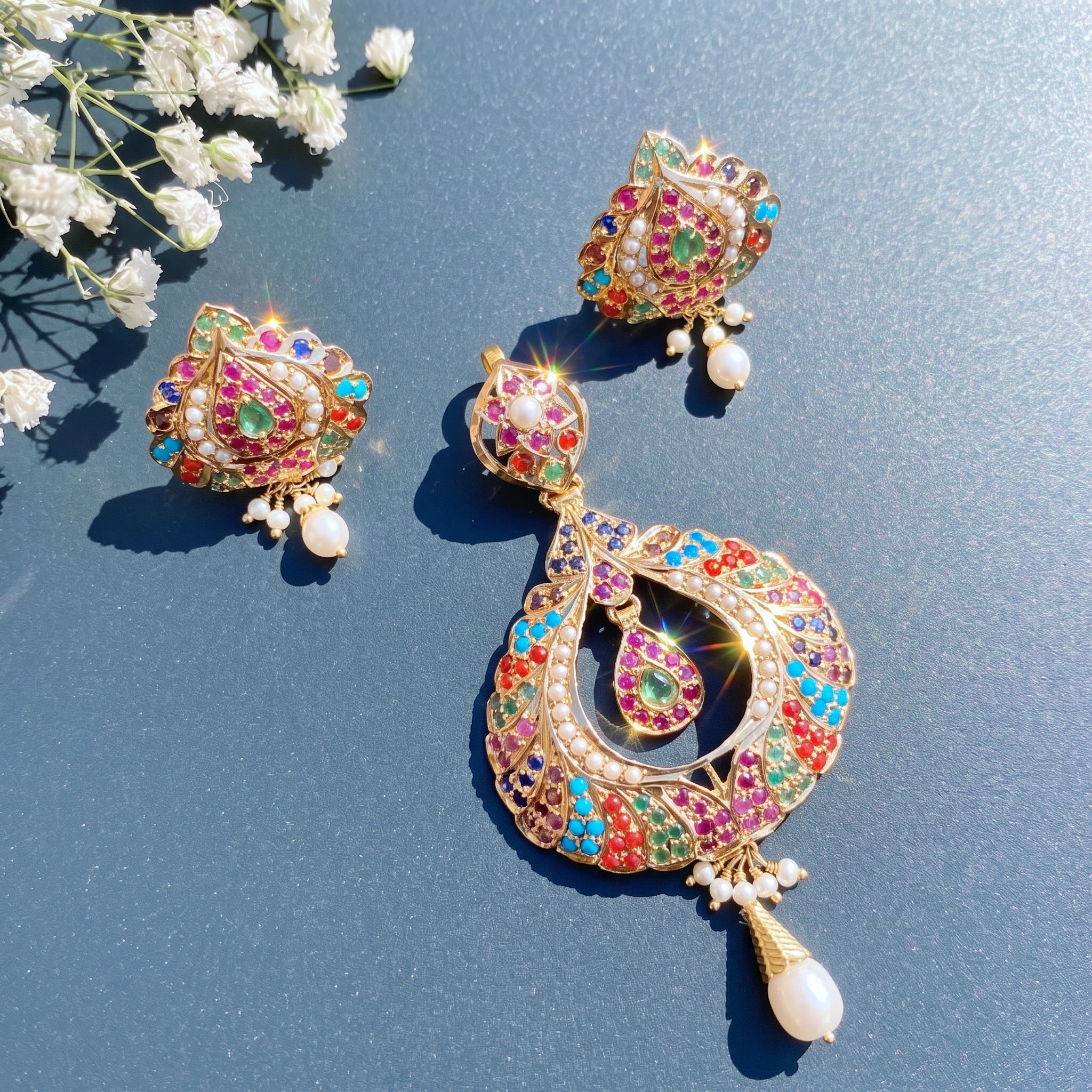 navratna gold pendant and studs
