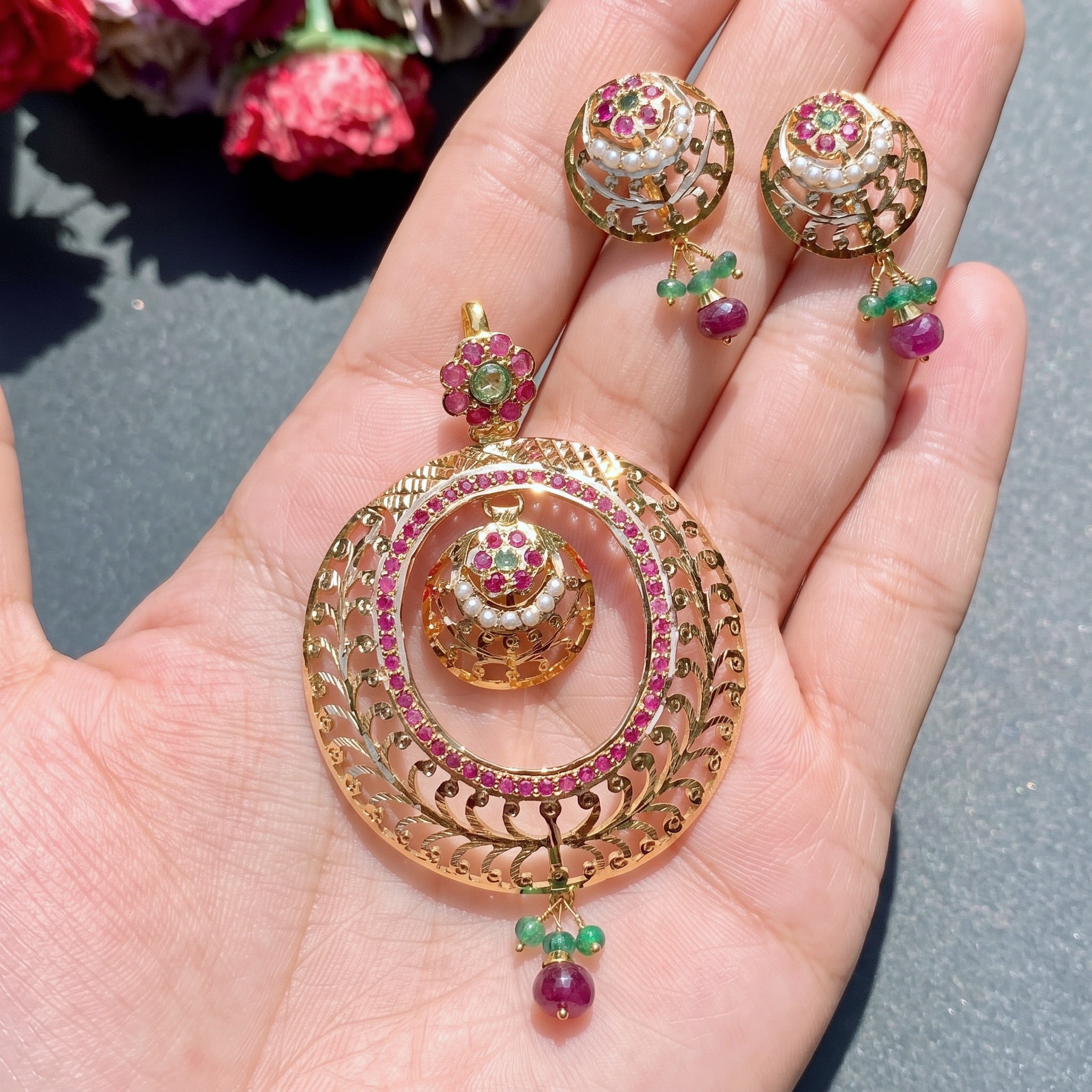 22k Gold Pendant Set | Ruby Emerald Pearl | Latest Light Weight Gold Design