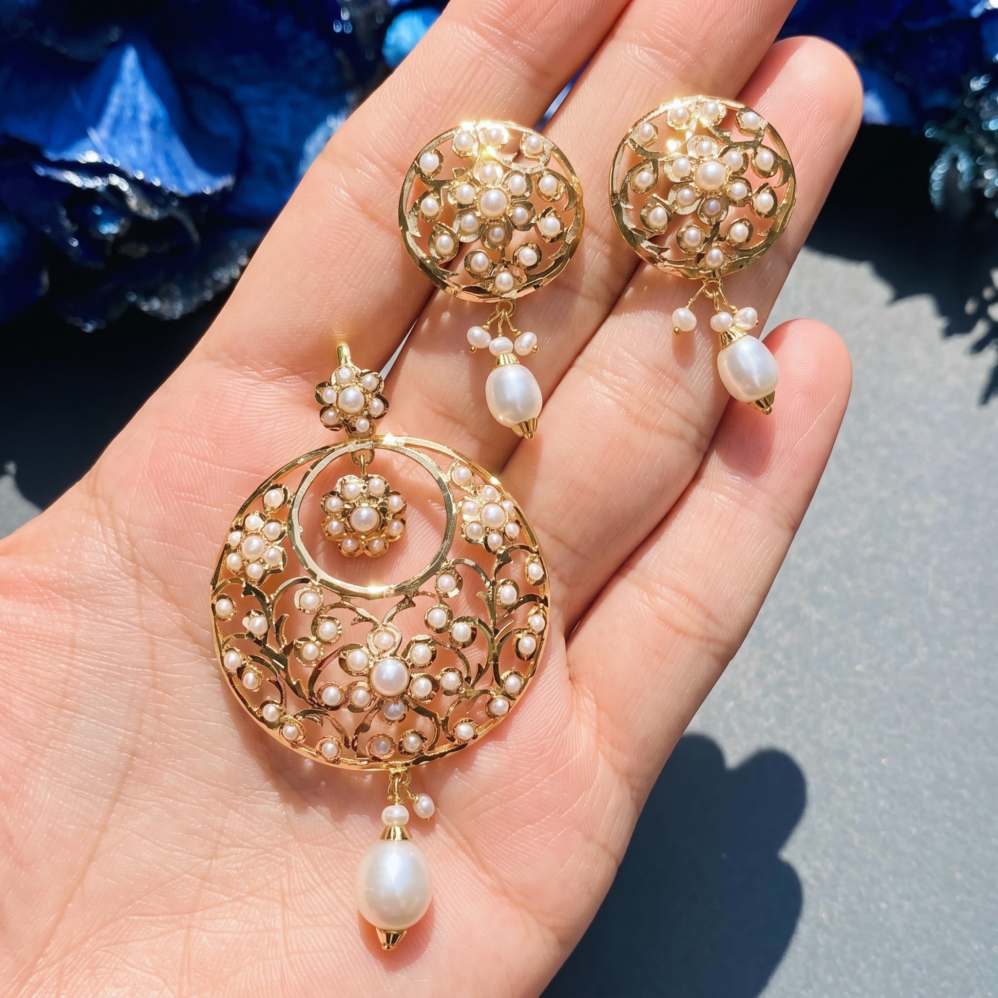 Floral Chandbali shaped Pearl Pendant & Studs  in 22ct Gold GPS 068