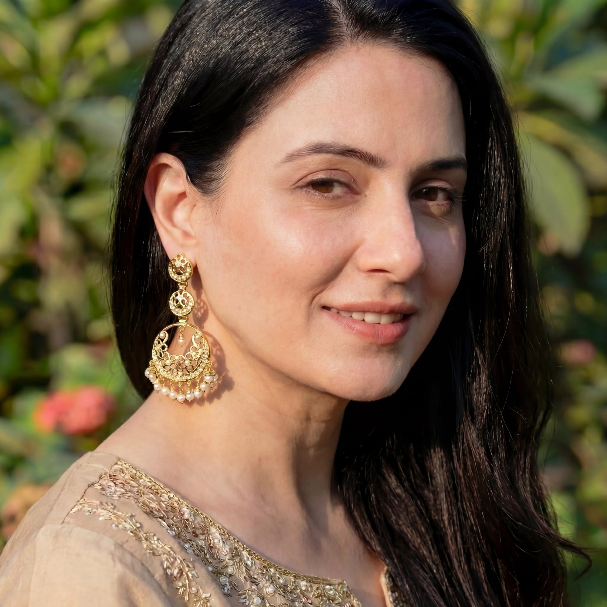 Multi-tiered Pearl Chandbali Earrings | Premium Gold Plated Silver Jewelry Online ER 663