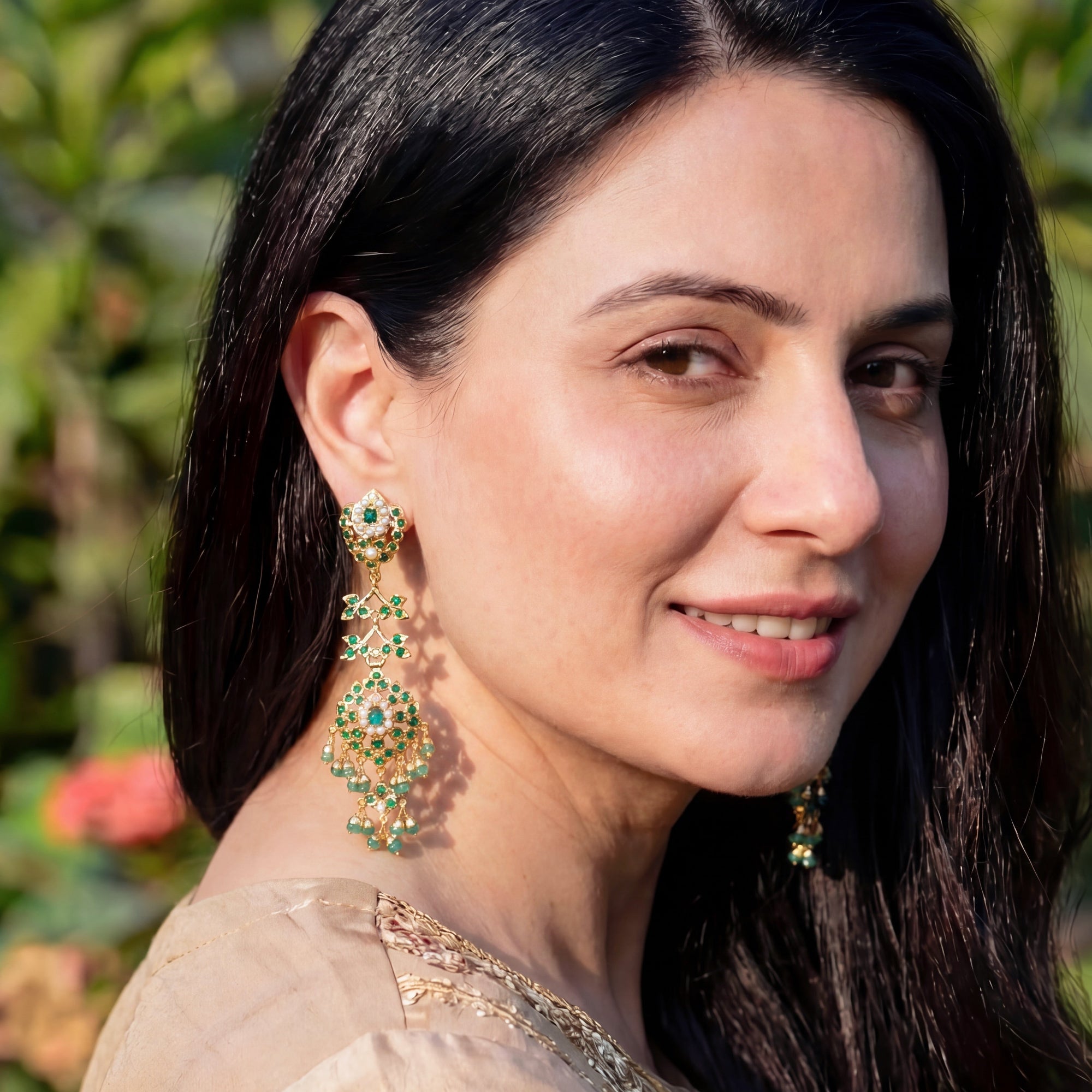 Elegant Gold Plated Silver Earrings | Emerald Green Color | Premium Jadau Jewelry ER 675