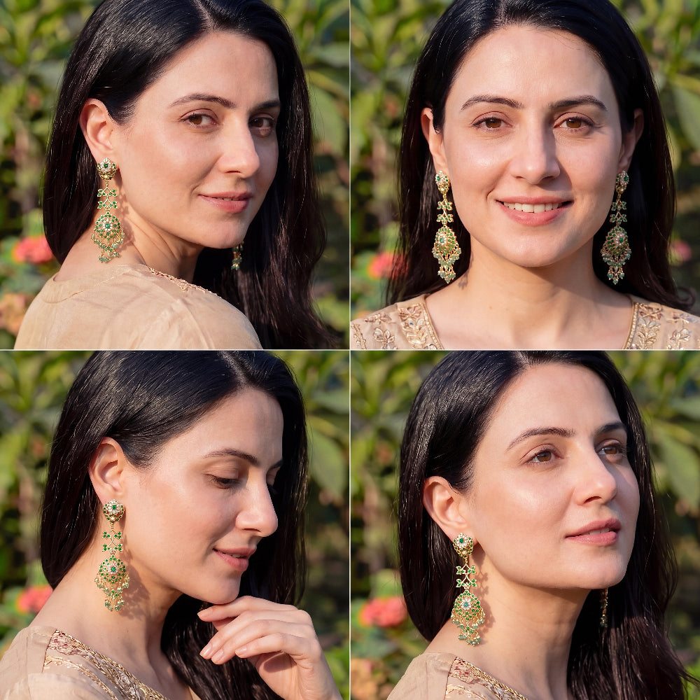 Elegant Gold Plated Silver Earrings | Emerald Green Color | Premium Jadau Jewelry ER 675