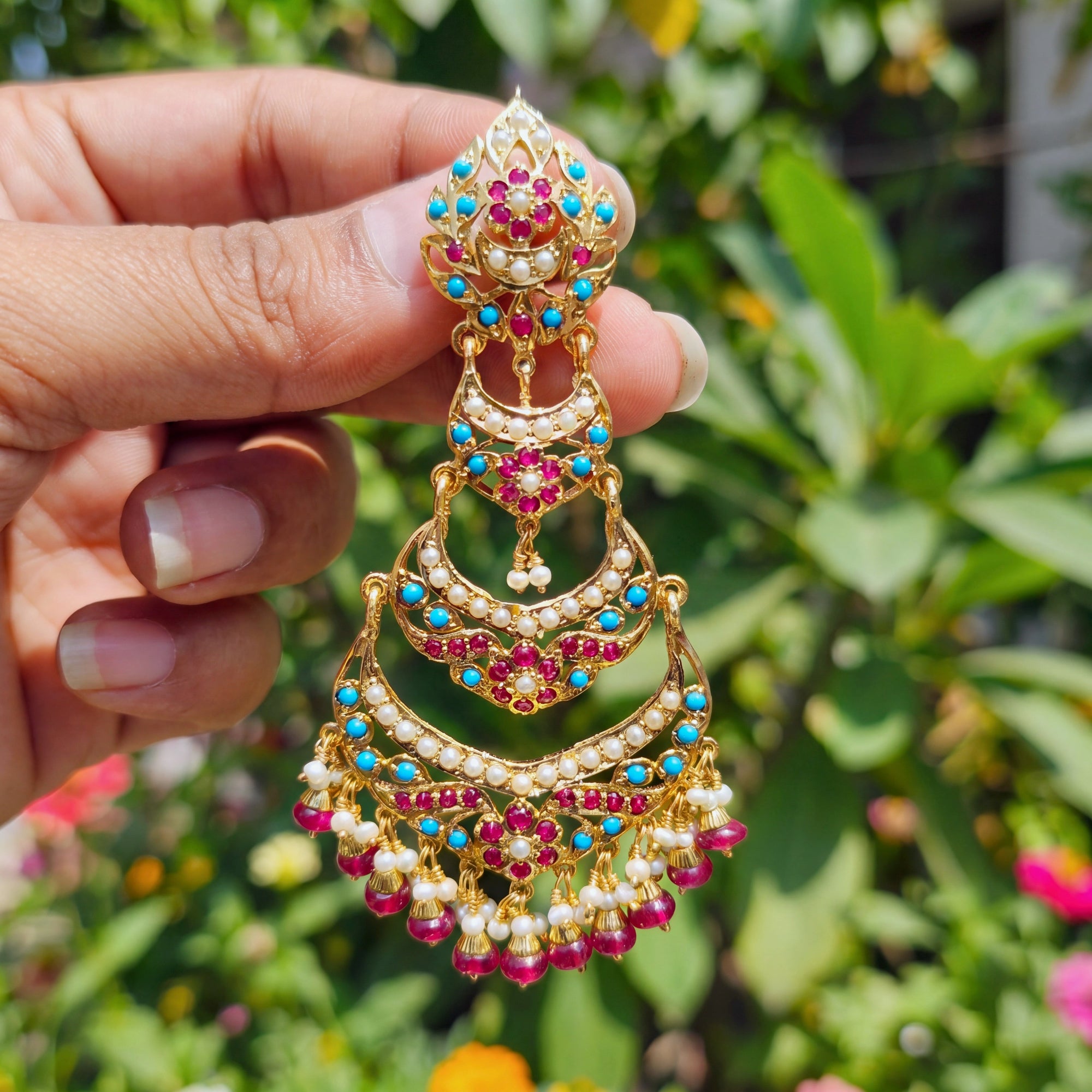 Ruby-Turquoise Pearl Three-Tier Chandbali Earrings | Gold Plated on 925 Silver ER 706