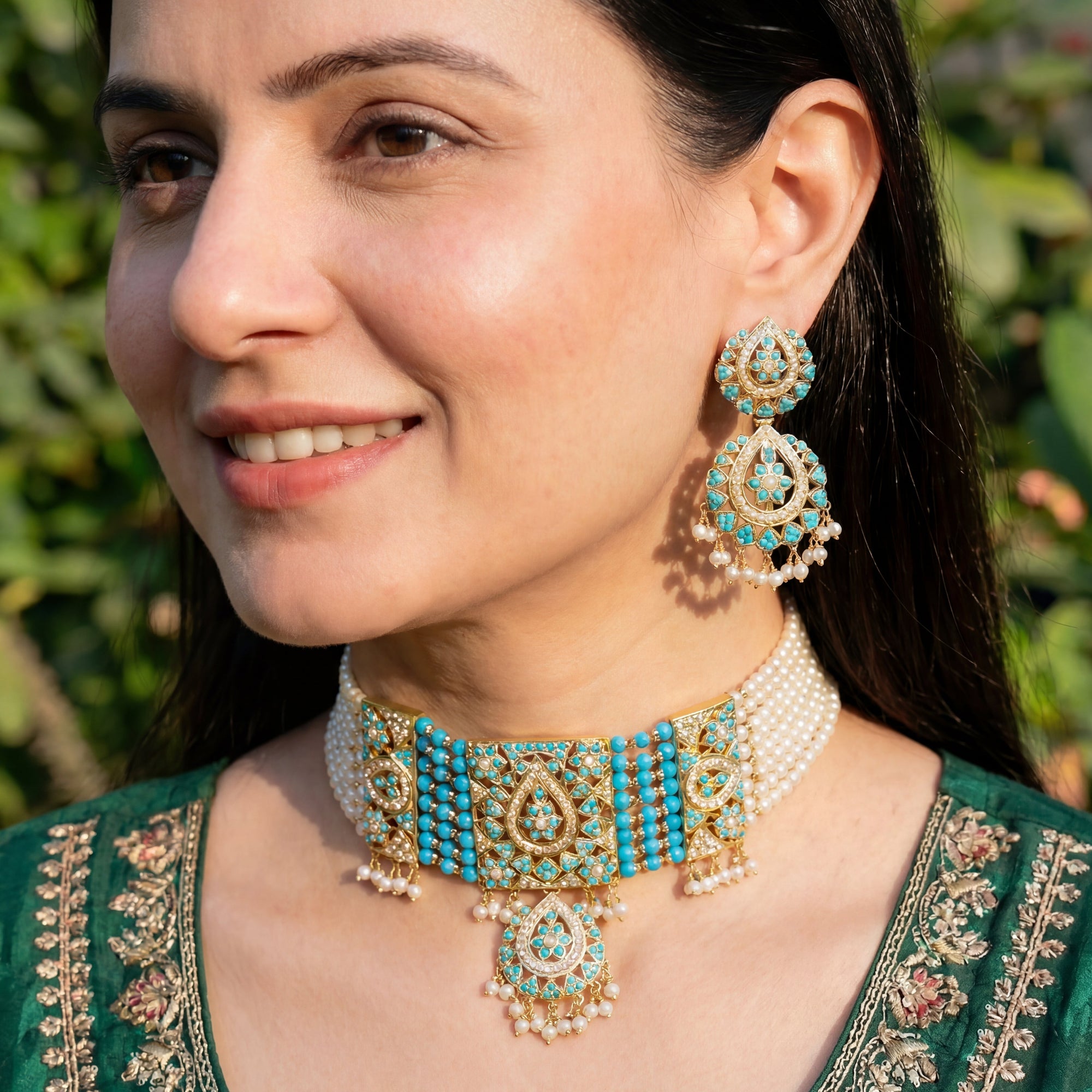 Pearl Pheroza Jadau Set | Choker Necklace Set | Gold Polished on Silver NS 042