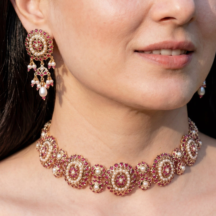 Ruby & Pearl Choker Set | Gold Plated Silver Jewelry Online NS 433