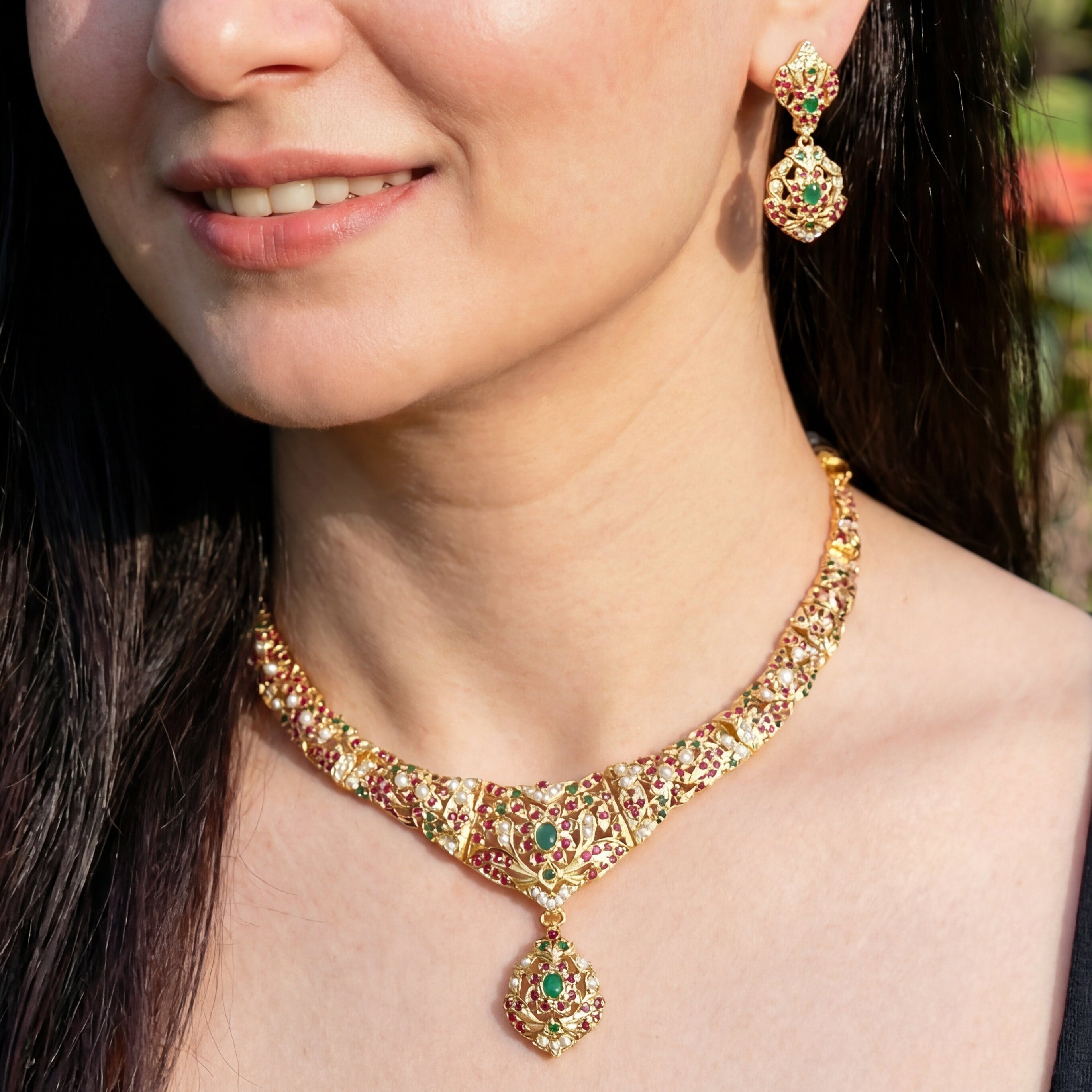 Gold Plated Necklace Set in Silver made with Traditional Jadau Technique NS 003