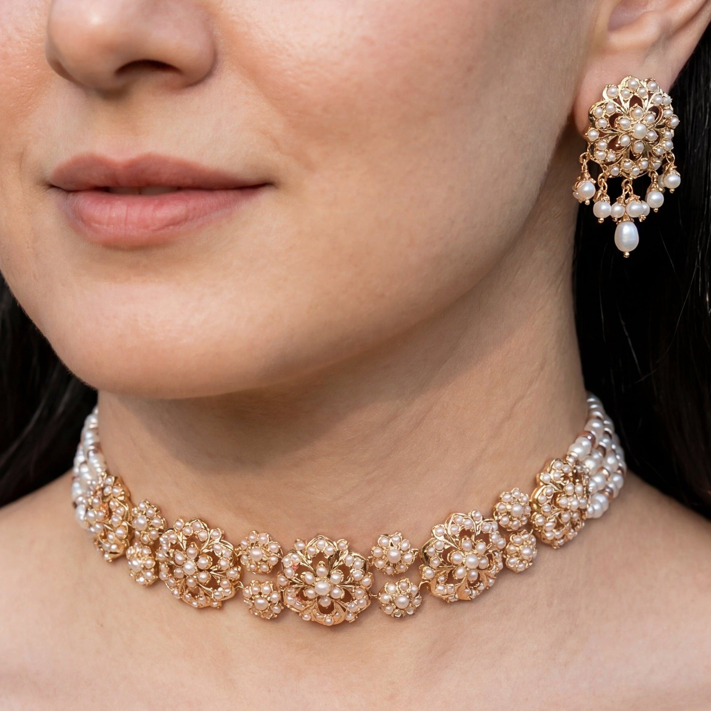 Simple Sophisticated Pearl Choker Set | Gold Plated on Silver | Freshwater Pearls NS 385