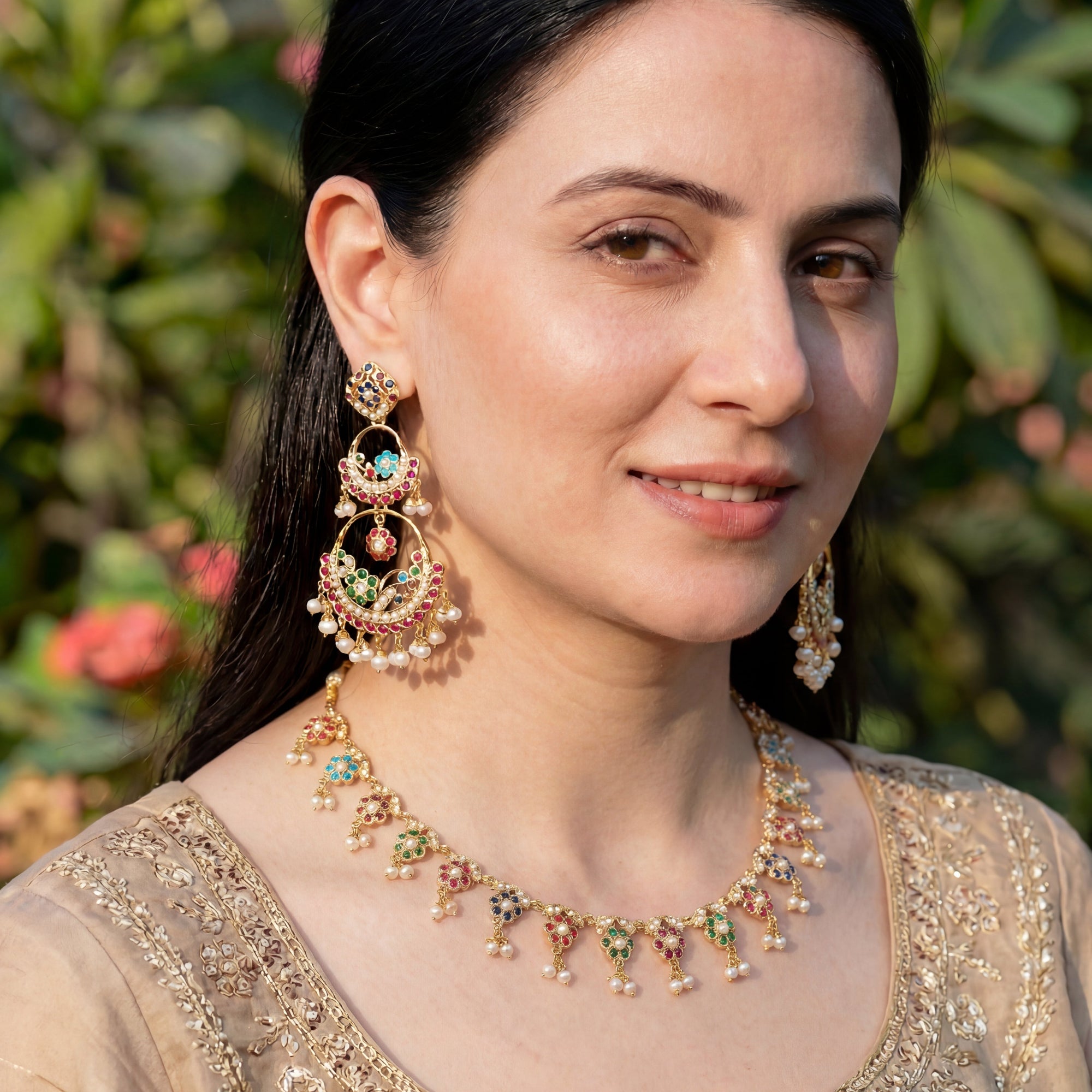Dainty Navratna Necklace with Statement Earrings | Double Chandbali | Gold Plated NS 283