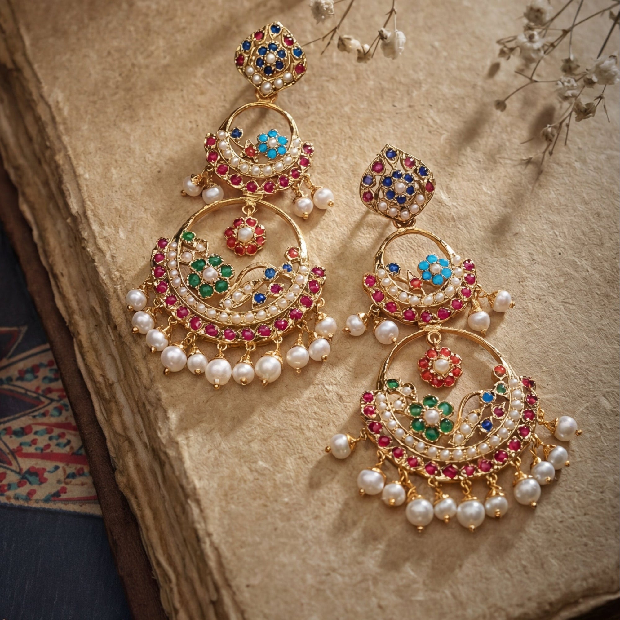 Double Chandbali Earrings in Navratna Colors | Gold Plated on Silver ER 637