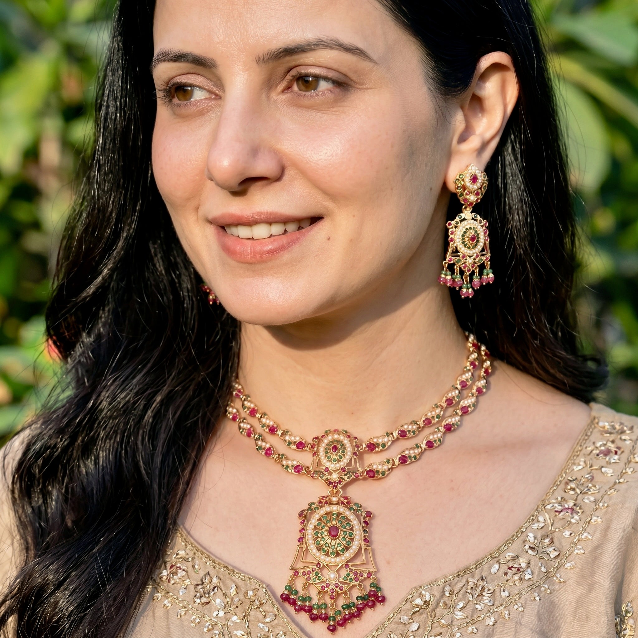 Ruby-Green Pearl Jadau Pendant Choker Set | Gold Plated Silver NS 449