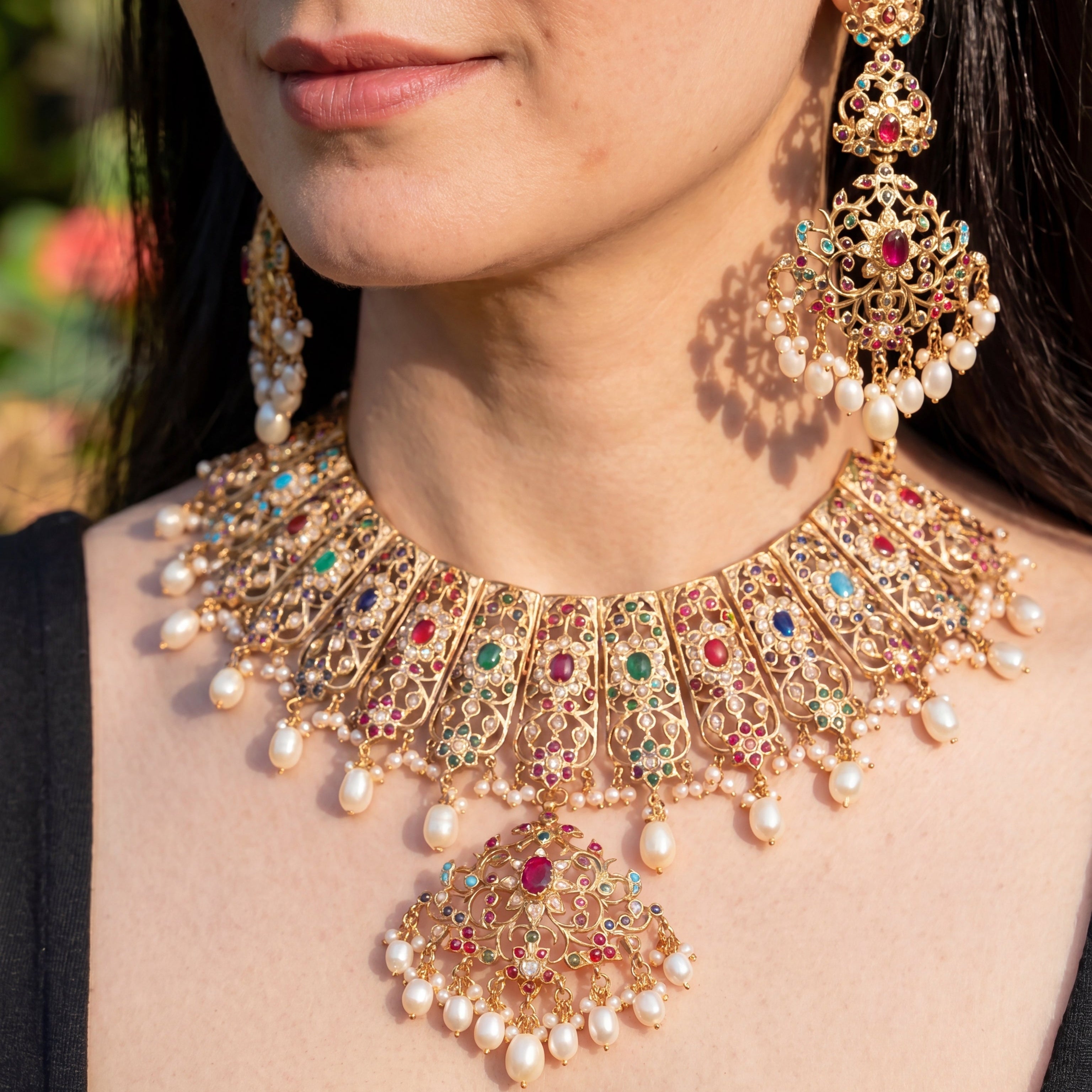 Bridal Wear Jadau Necklace Set | Navratna Jewelry Gold Plated on 925 Silver NS 450