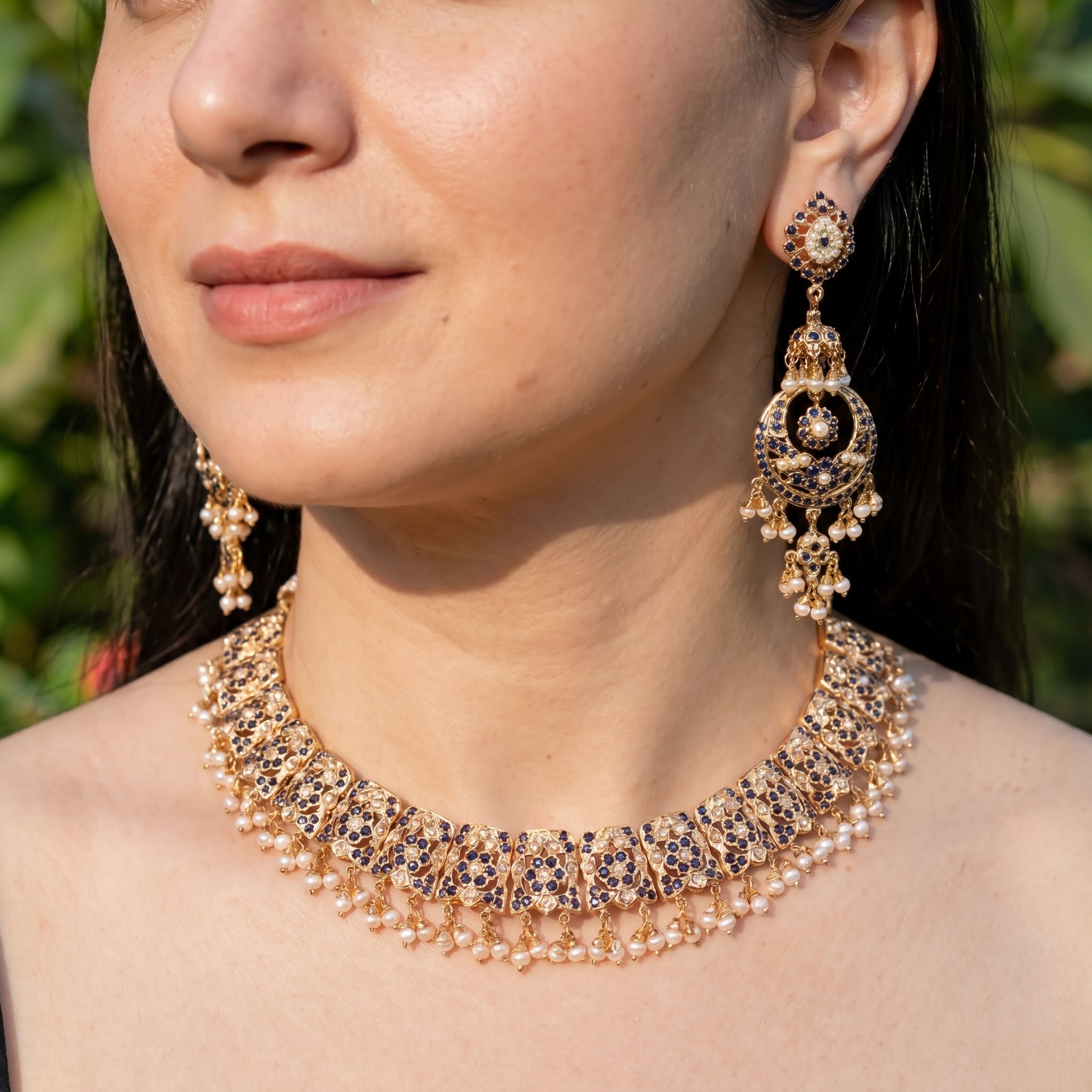 Classic Jadau Necklace Set in Gold-Plated silver |  Deep Blue Stones and Fine Pearl Detailing NS 459