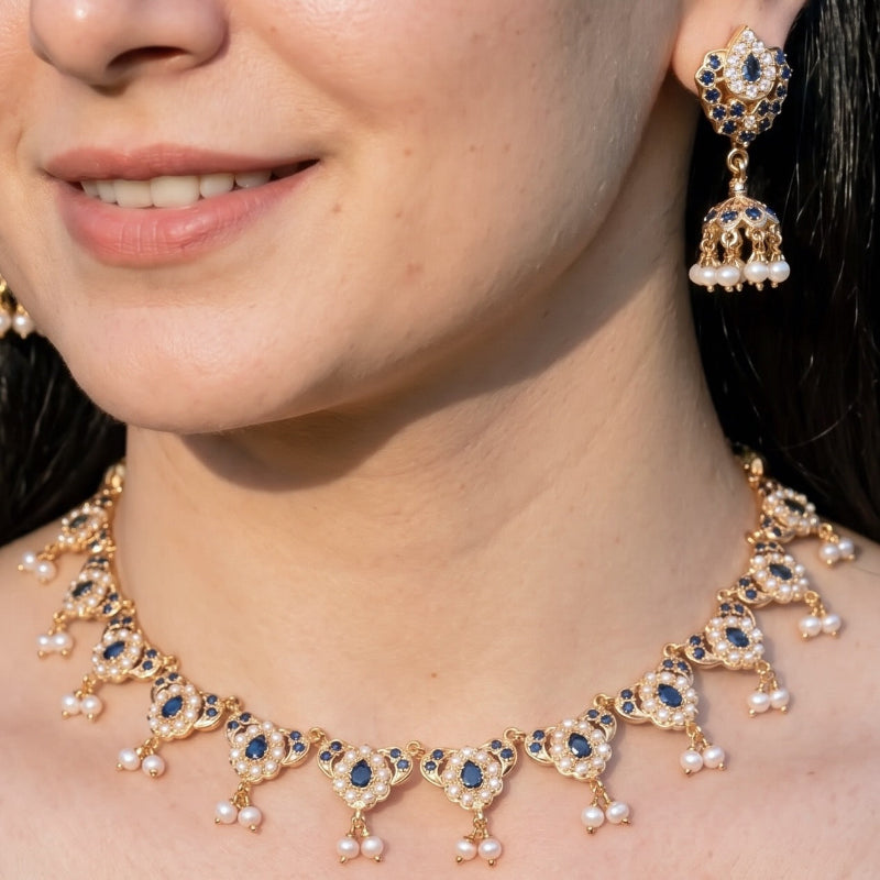 Blue Stone Pearl Jadau Necklace Set with Jhumka Earrings | Gold Plated 925 Silver NS 456