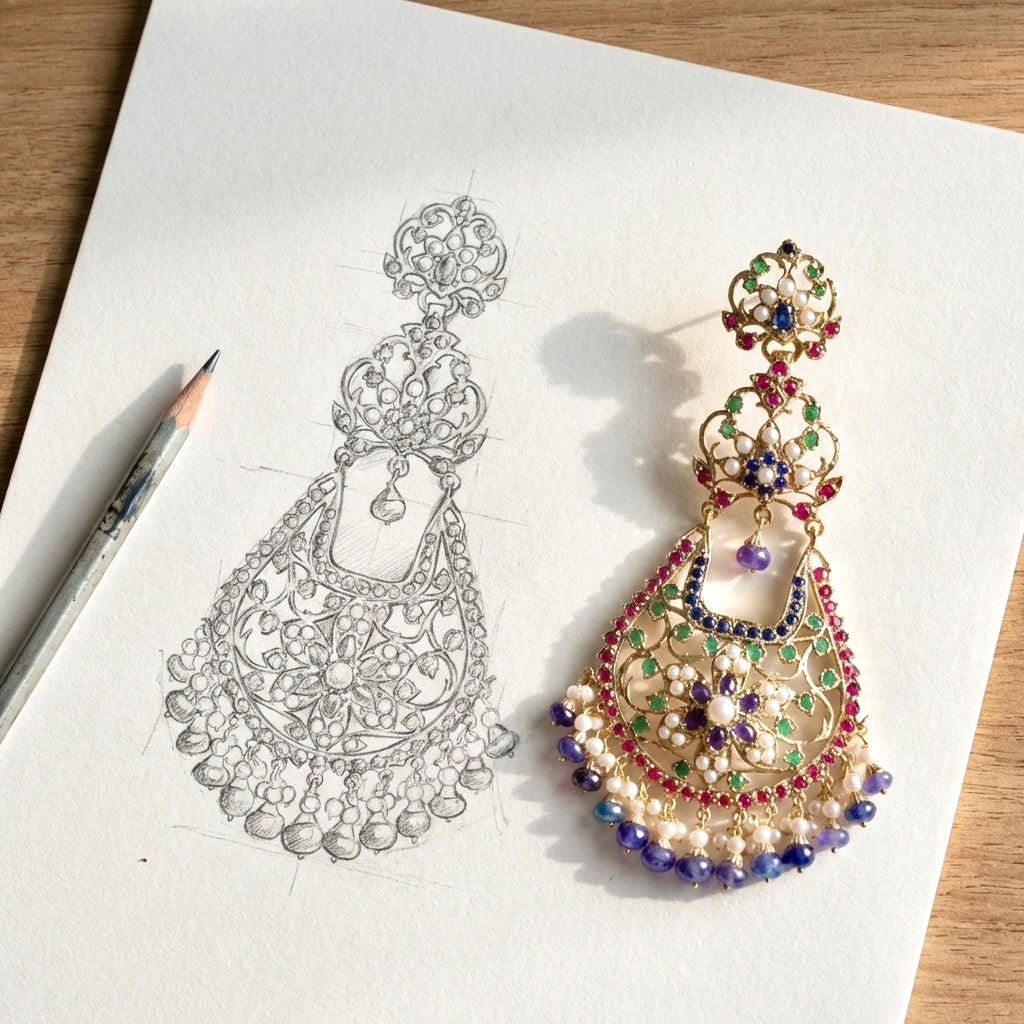 Gold Plated Chandelier Earrings | Shoulder Duster Jadau Earrings ER 599