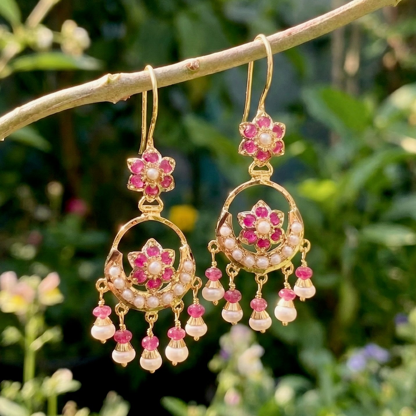 Small Jadau Earrings on 22k Gold | Fishhook Chandbali | Real Rubies and Pearls GER 117
