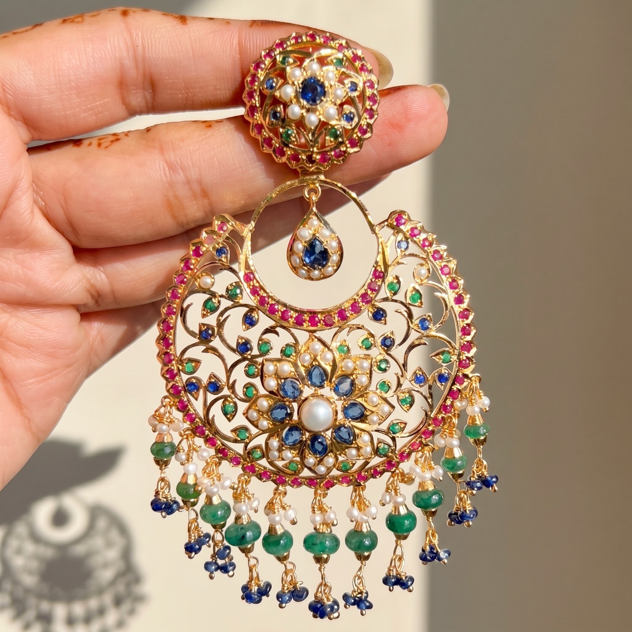 Multicoloured Jadau Chandbali Earrings | Statement Chandbali Earrings | Heritage Jadau Jewellery | ER 453
