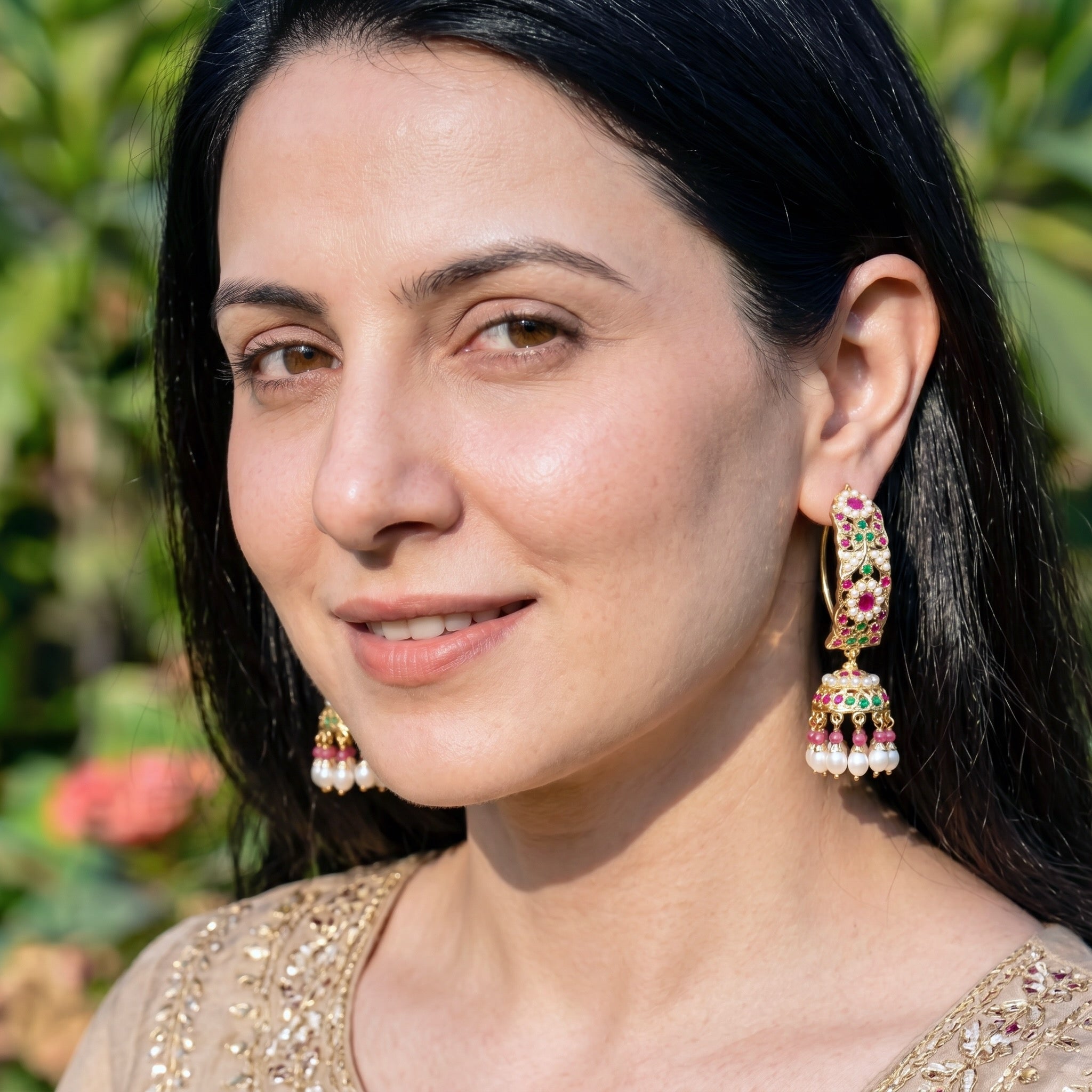 Gold Plated Dandi Jhumkis | Studded With Freshwater Pearls and Stones | Hoop Earrings ER 047