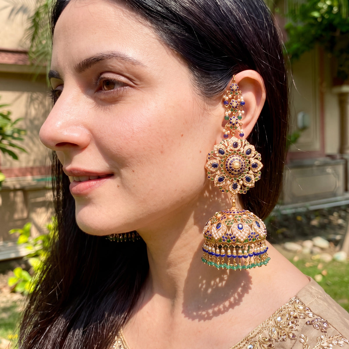 Grand Sapphire & Emerald Jadau Jhumka Earrings in Gold-Plated Silver ER 796