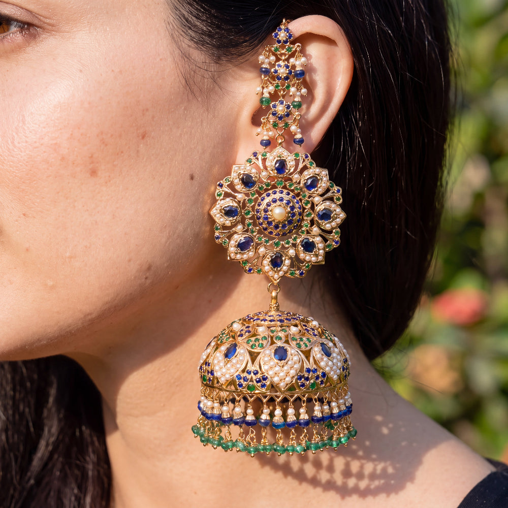 Grand Sapphire & Emerald Jadau Jhumka Earrings in Gold-Plated Silver ER 796