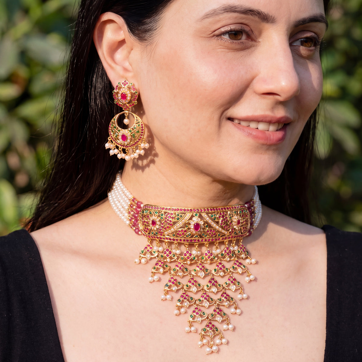 Bridal Jadau Choker Necklace with Chandbali Earrings | Gold Plated on Silver NS 485