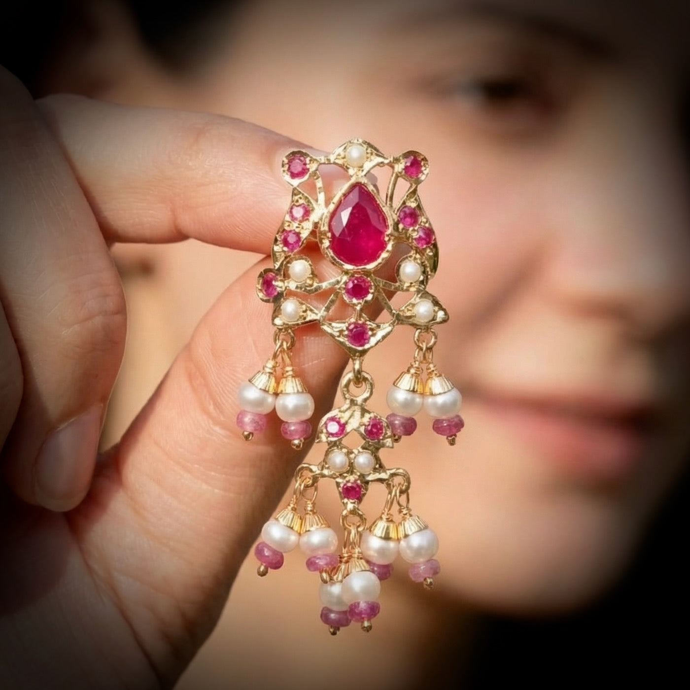 Ruby and Pearl Stud Earrings | Jadau Tops on Silver Base for Women ER 590