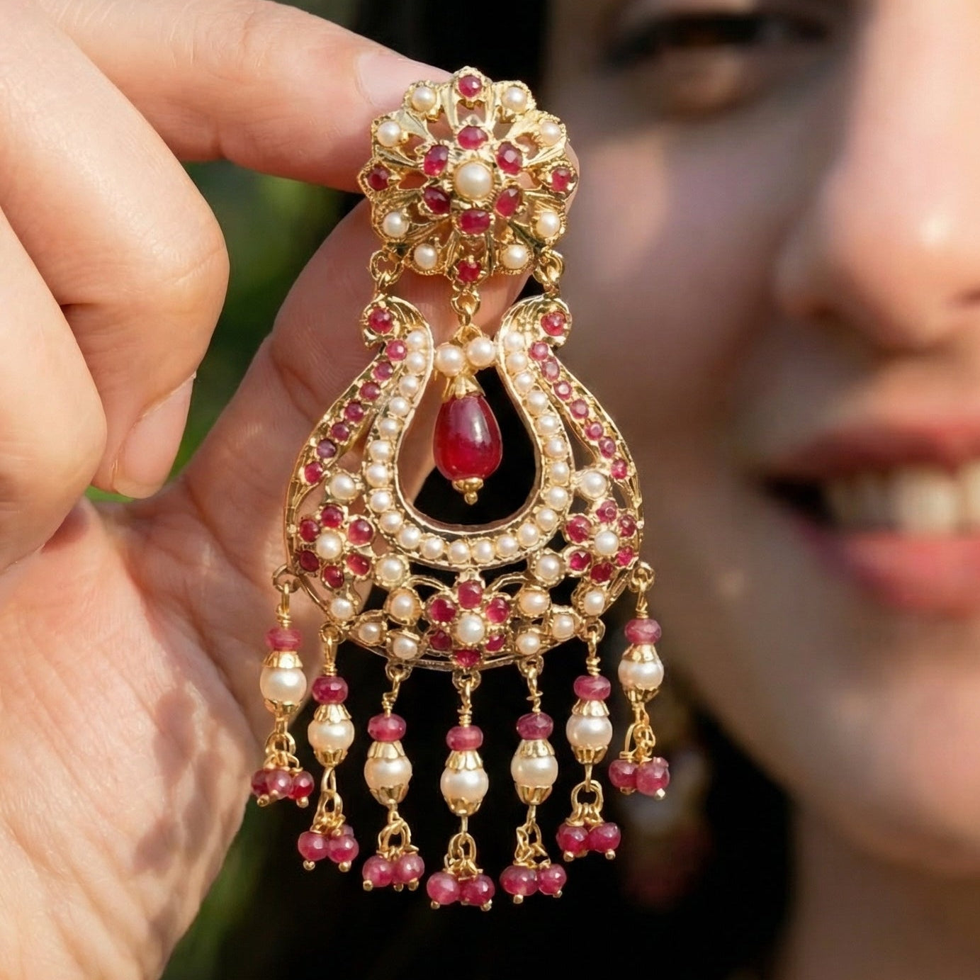 Intricate Jadau Earrings | Ruby Pearl Combination | 925 Silver Base ER 654