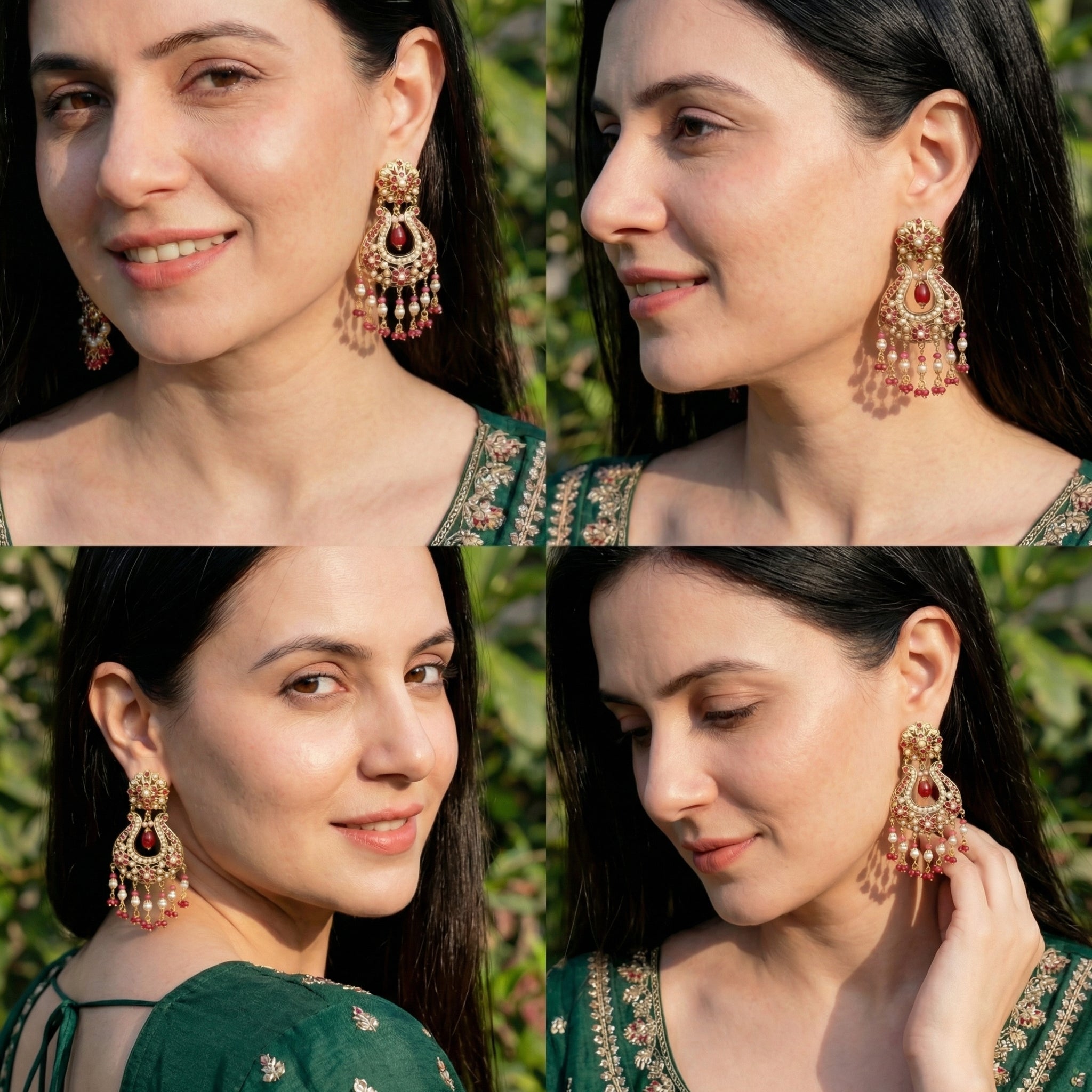 Intricate Jadau Earrings | Ruby Pearl Combination | 925 Silver Base ER 654