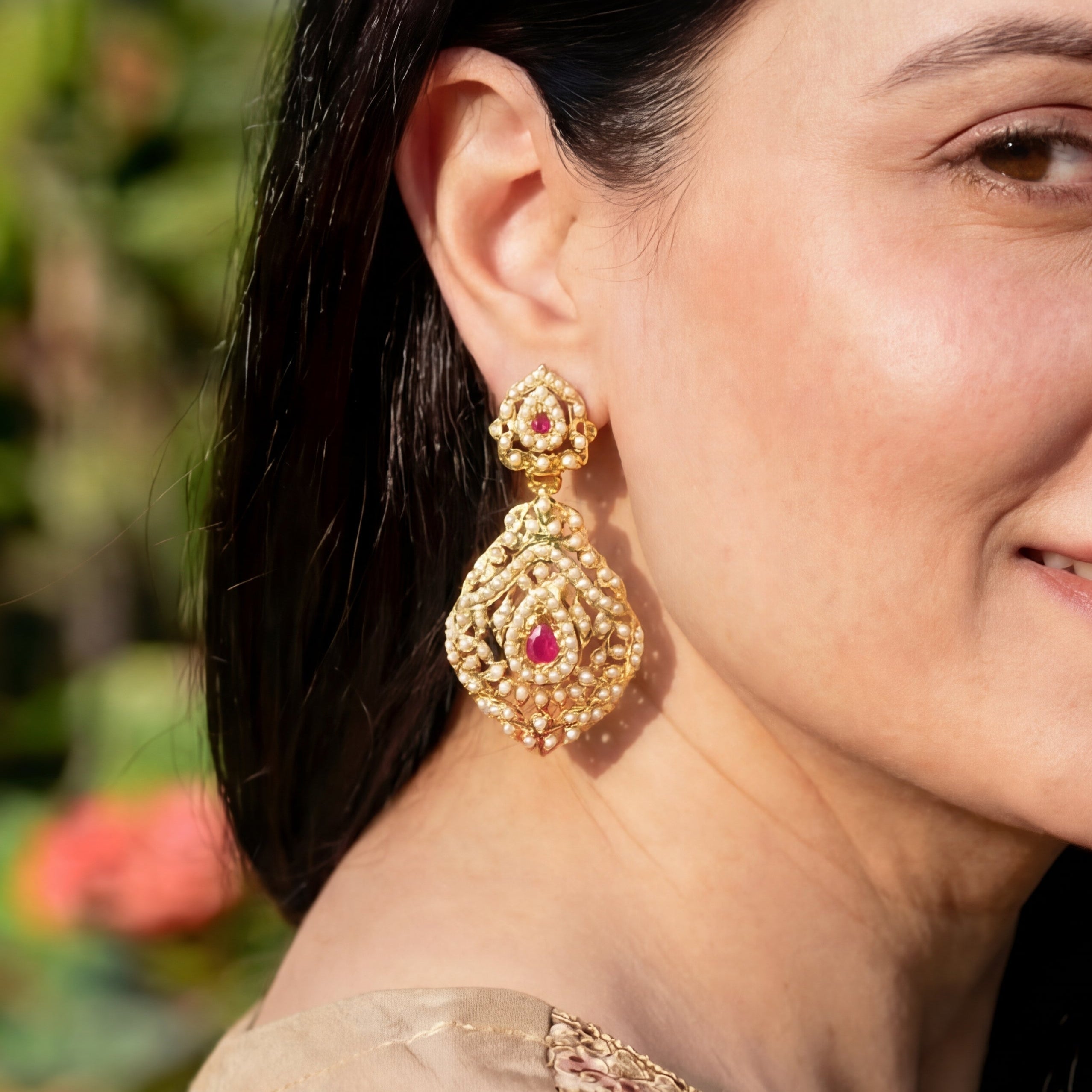 Intricately Handcrafted Jadau Earrings | Fine Seed Pearl Studded on 925 Silver with Gold Plating ER 655