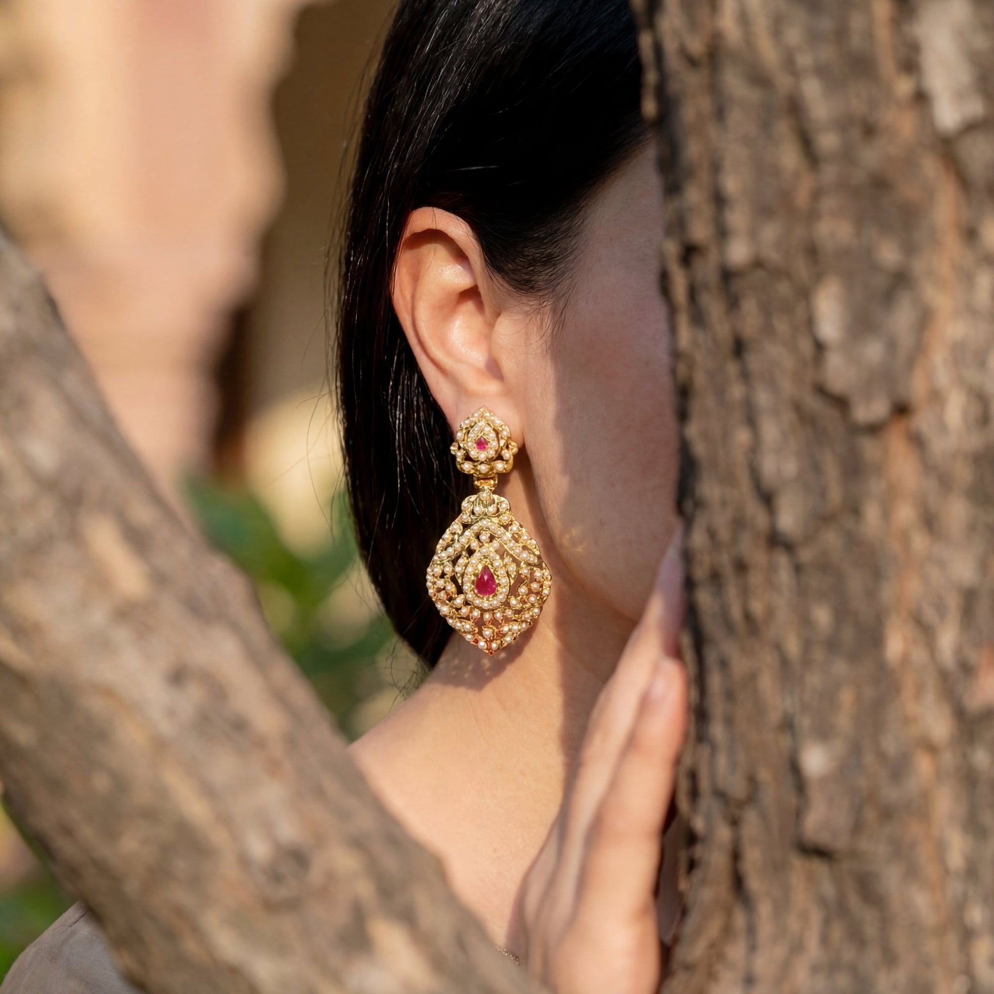 Intricately Handcrafted Jadau Earrings | Fine Seed Pearl Studded on 925 Silver with Gold Plating ER 655
